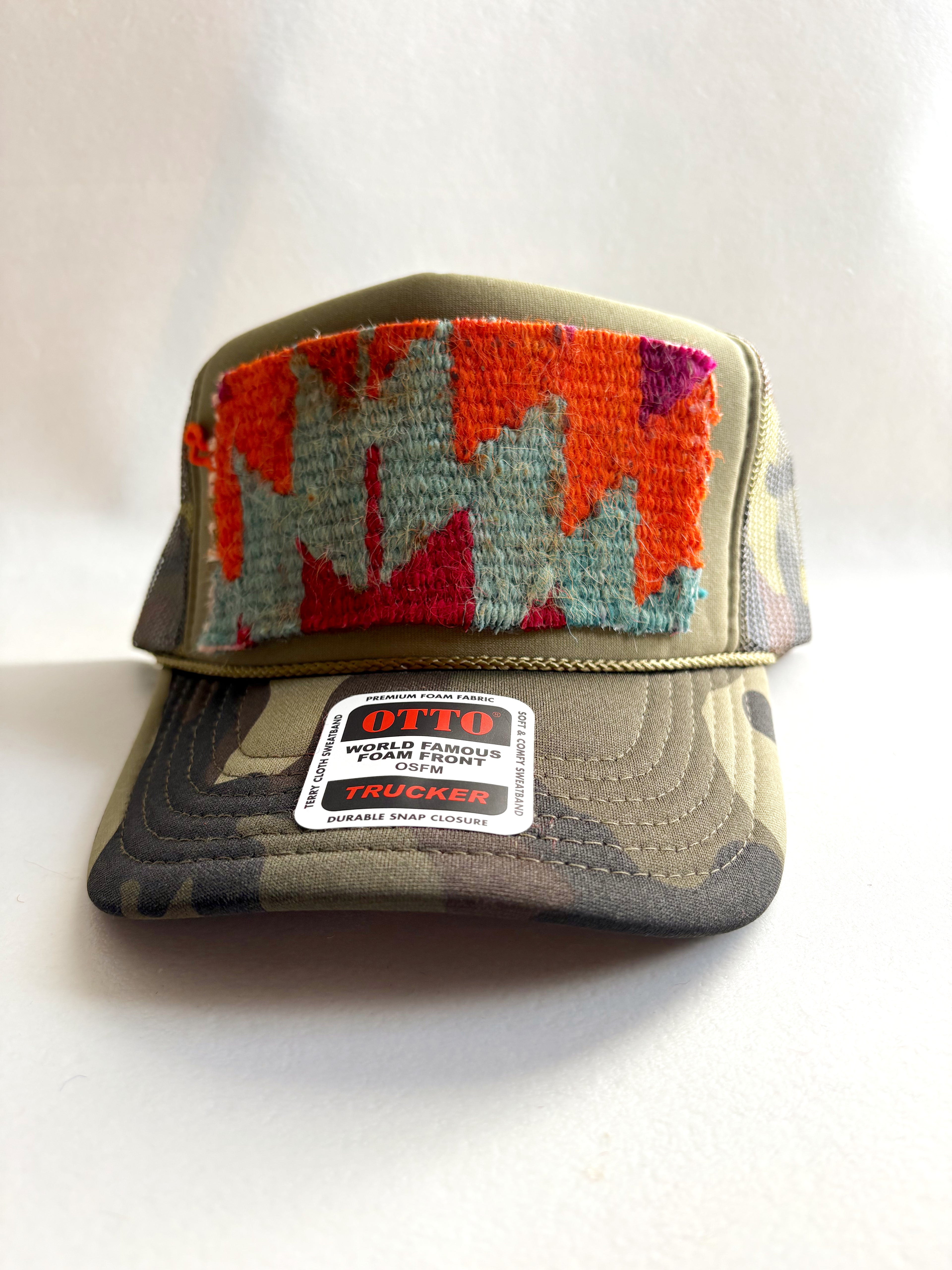 Dark Camo Trucker Hat with Purple, Teal, and Orange Kilim Patch