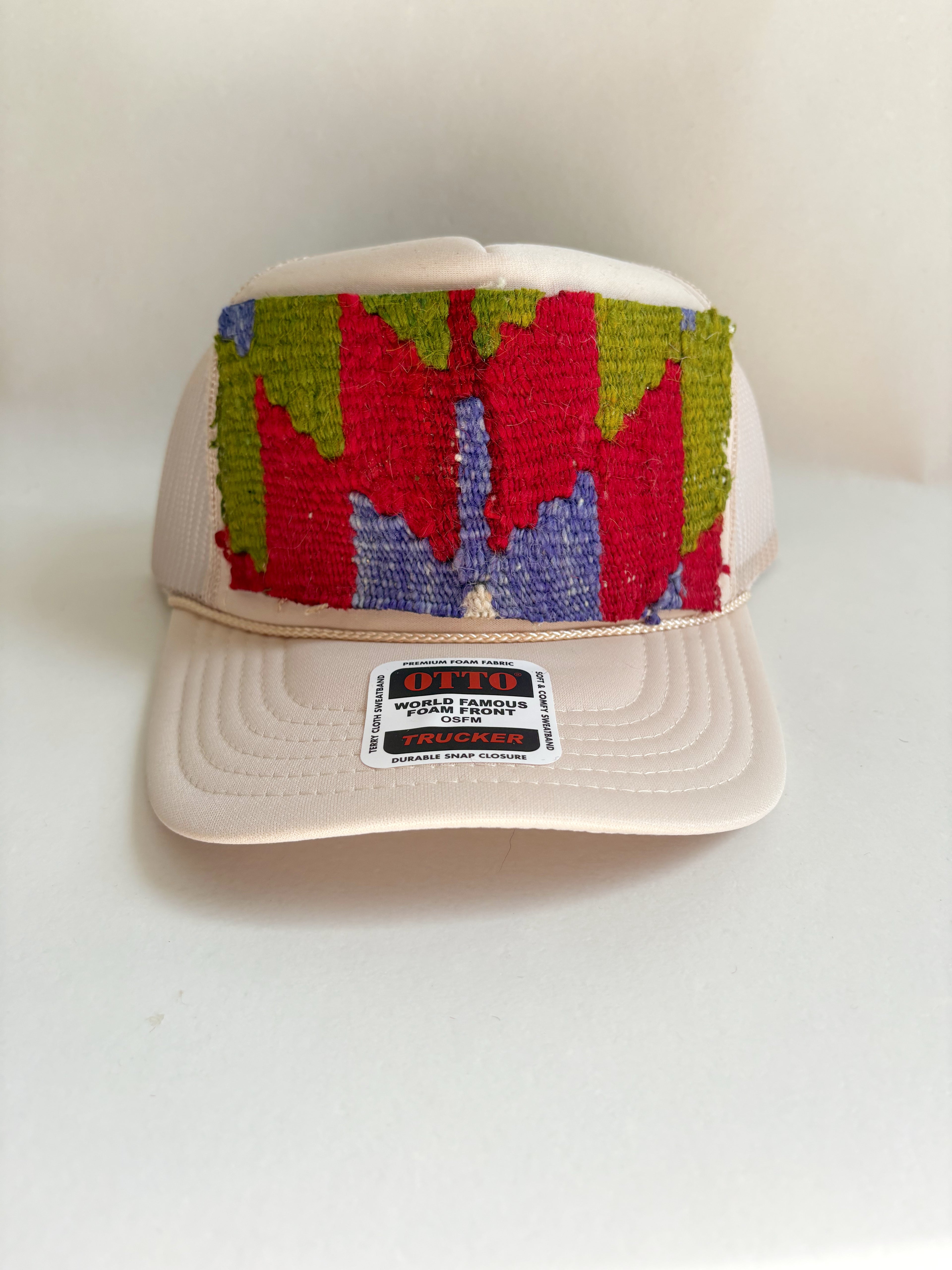 Tan Trucker Hat with Green & Pink Kilim Patch