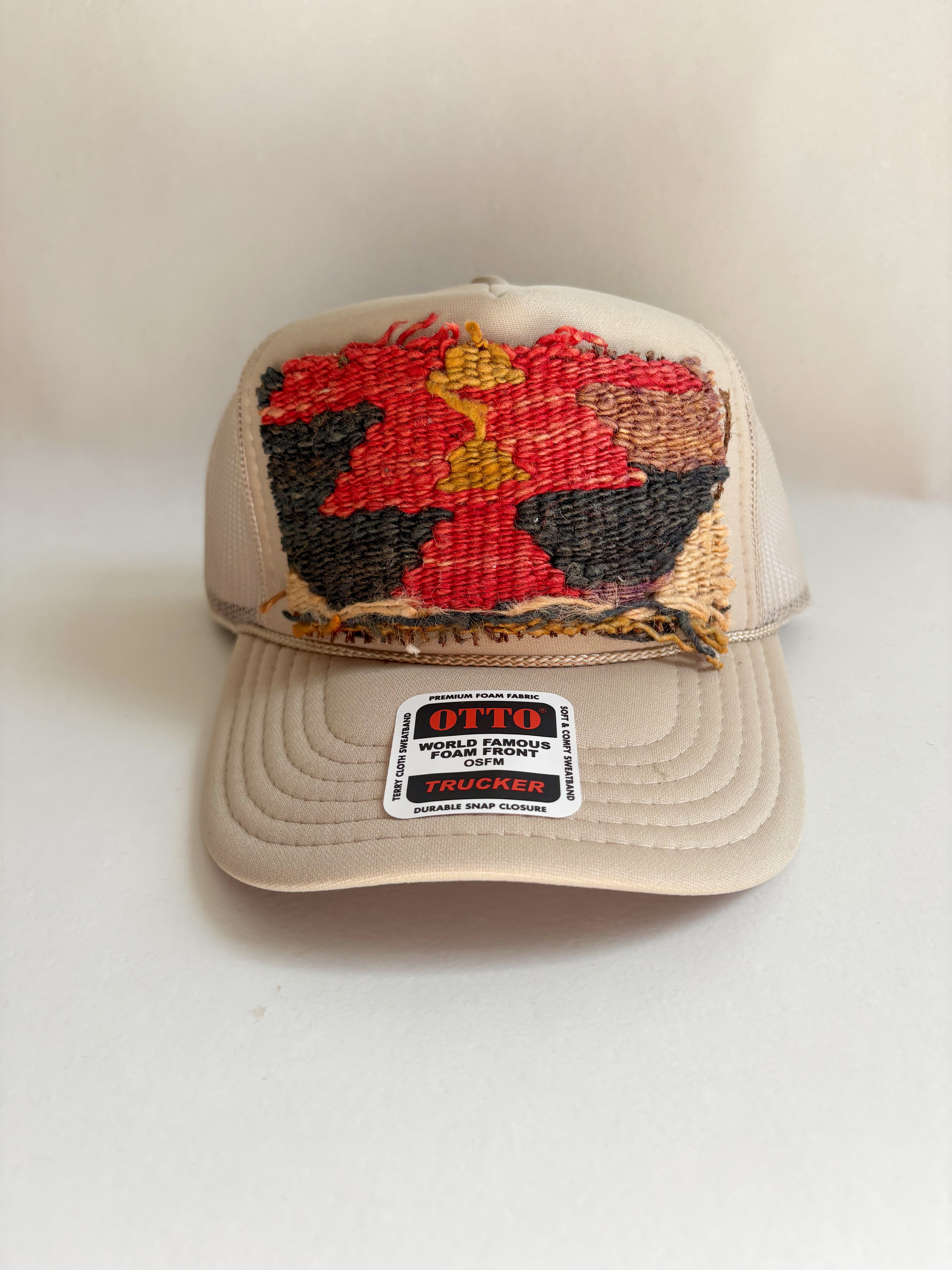 Tan Trucker Hat with Pink and Navy Kilim Patch