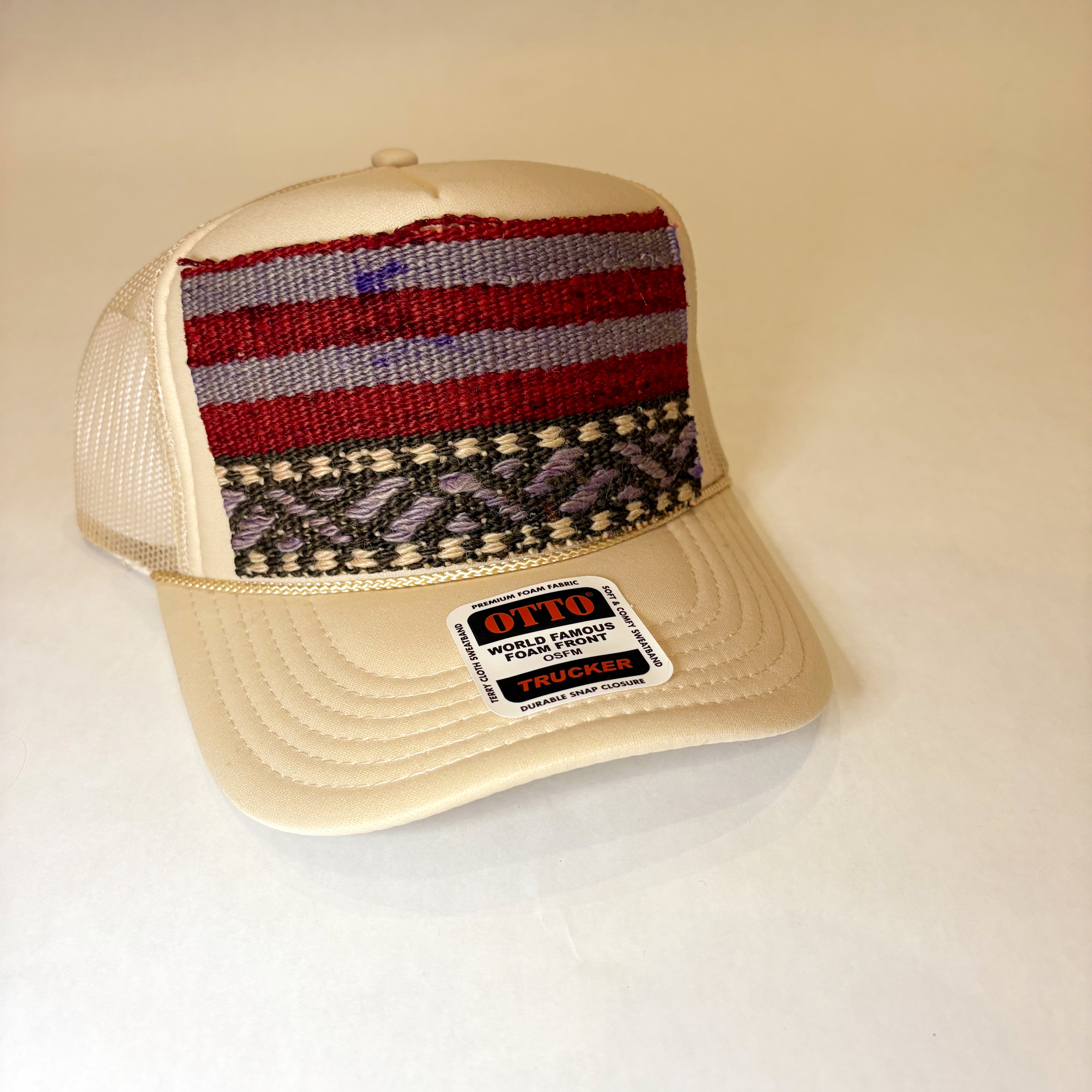 Light Tan Trucker Hat with Red and Purple Turkish Kilim Patch
