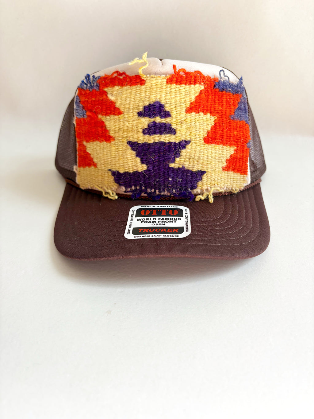 Two Tone Brown Trucker Hat with Orange, Yellow, & Blue Patch
