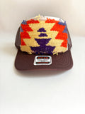 Two Tone Brown Trucker Hat with Orange, Yellow, & Blue Patch