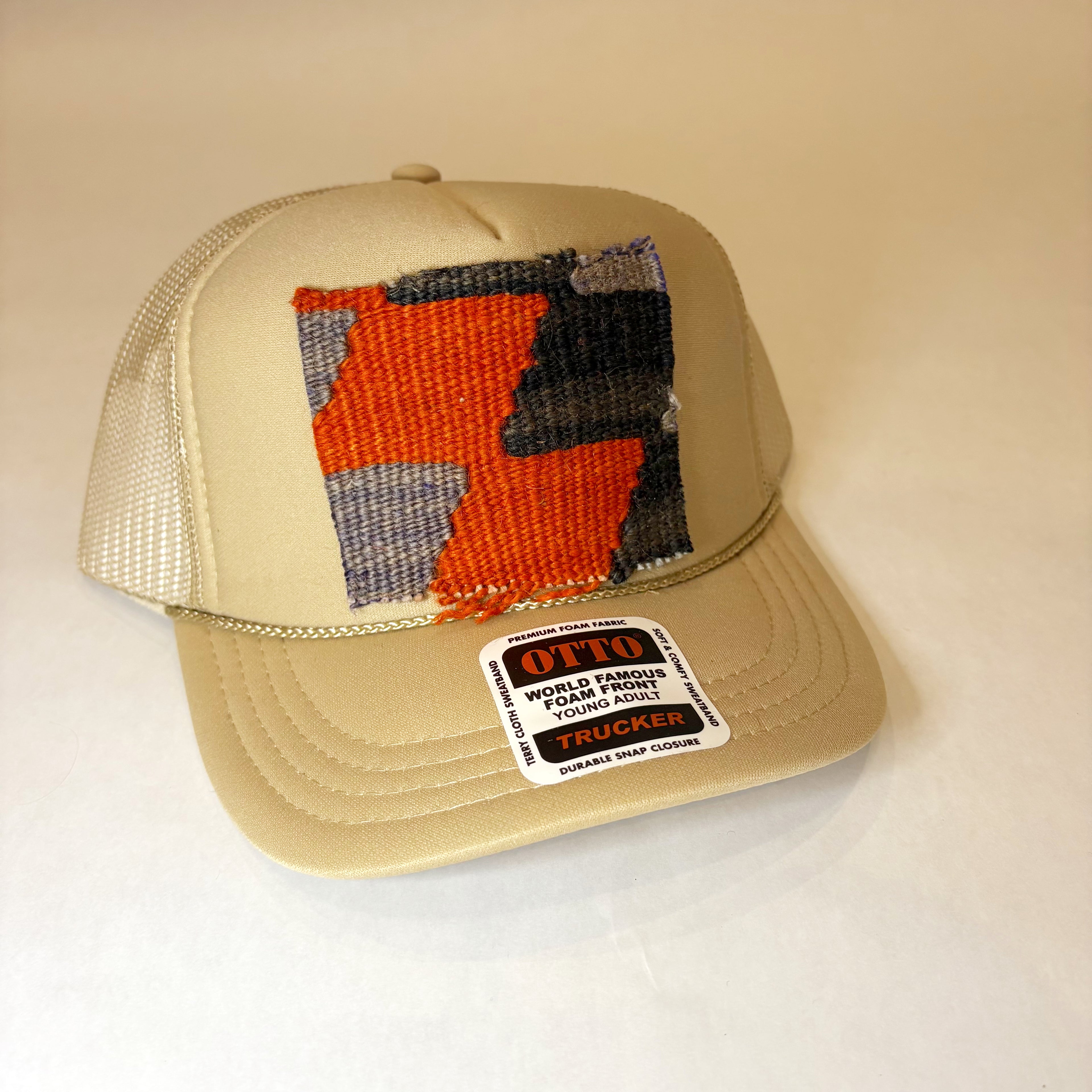KIDS Khaki Trucker Hat with Orange and Navy Geometric Turkish Kilim Patch