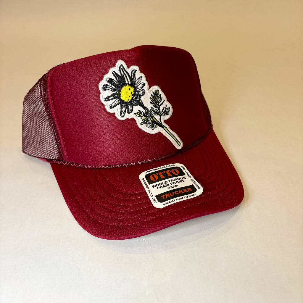 Burgundy Trucker Hat with Flower Patch