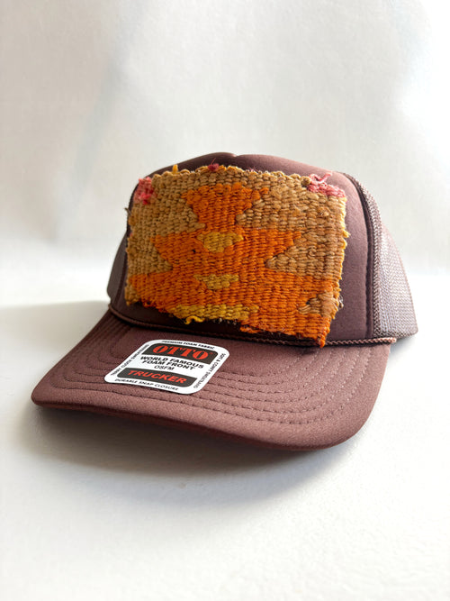 Brown Trucker Hat with Orange & Yellow Kilim Patch