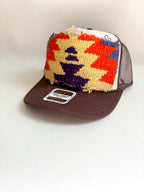 Two Tone Brown Trucker Hat with Orange, Yellow, & Blue Patch