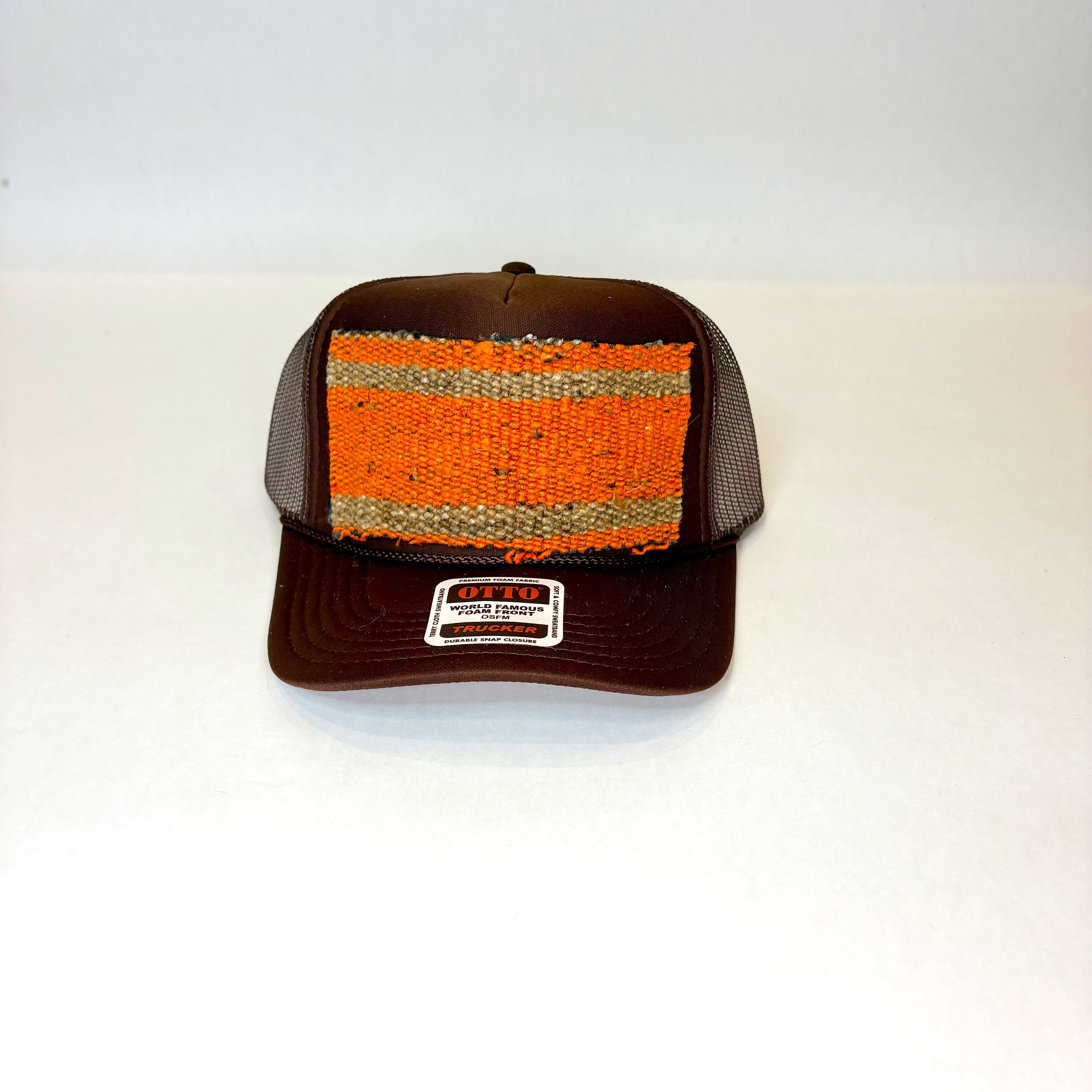 Brown Trucker Hat with Orange and Tan Turkish Kilim Patch