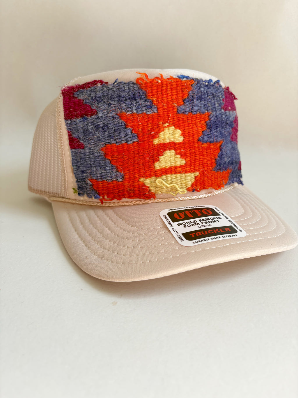 Tan Trucker Hat with Orange Kilim Patch