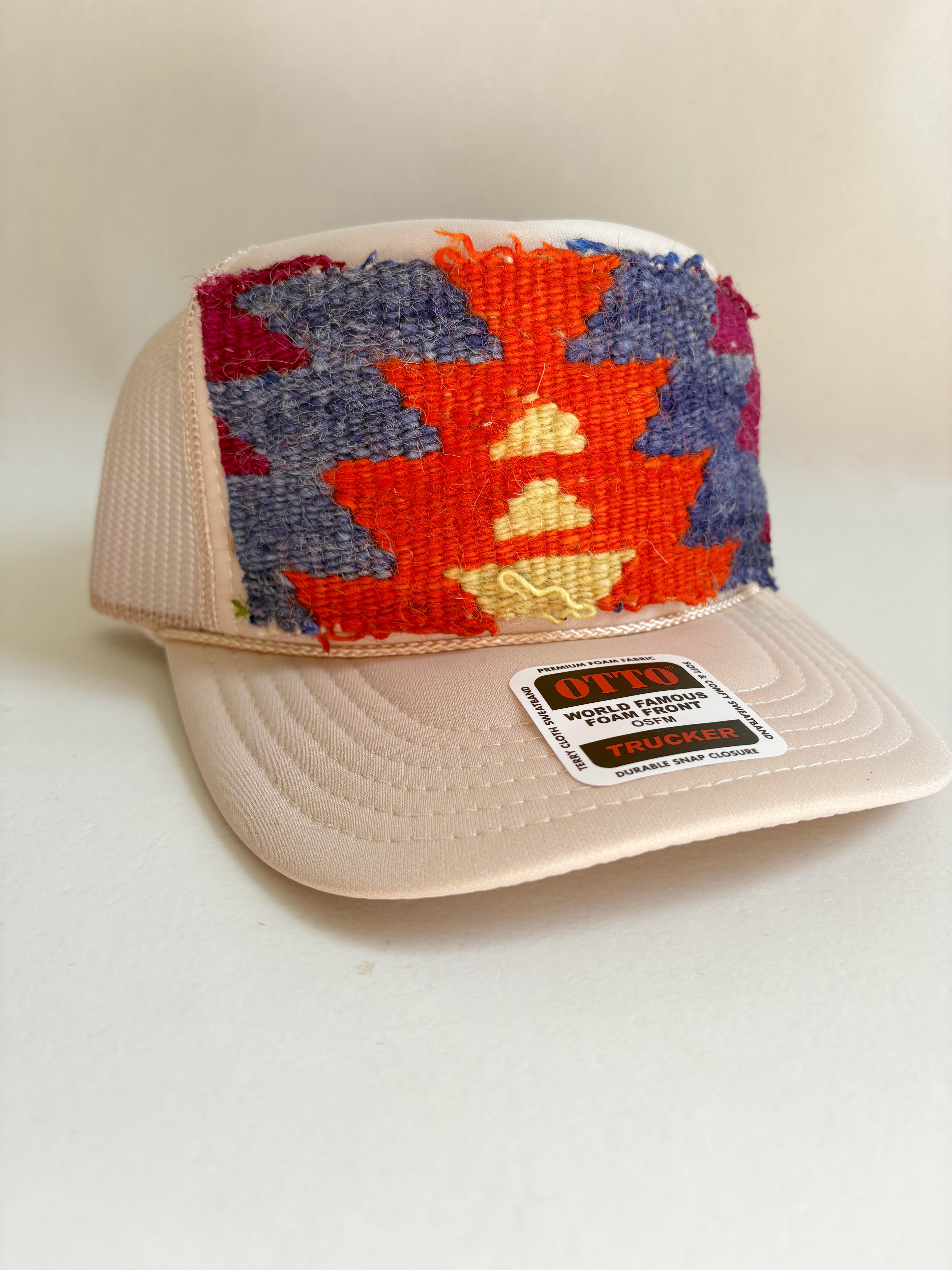 Tan Trucker Hat with Orange Kilim Patch