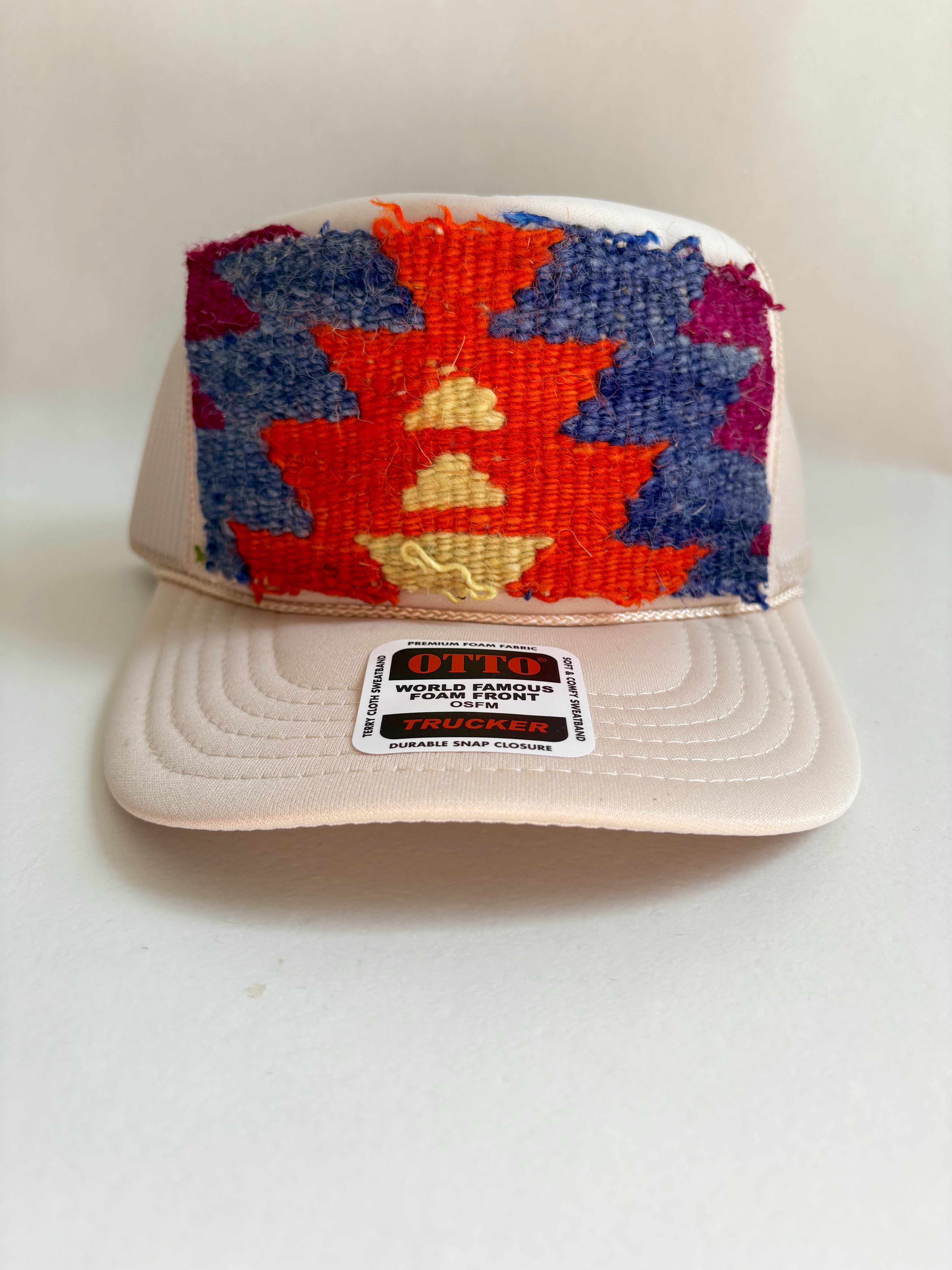 Tan Trucker Hat with Orange Kilim Patch