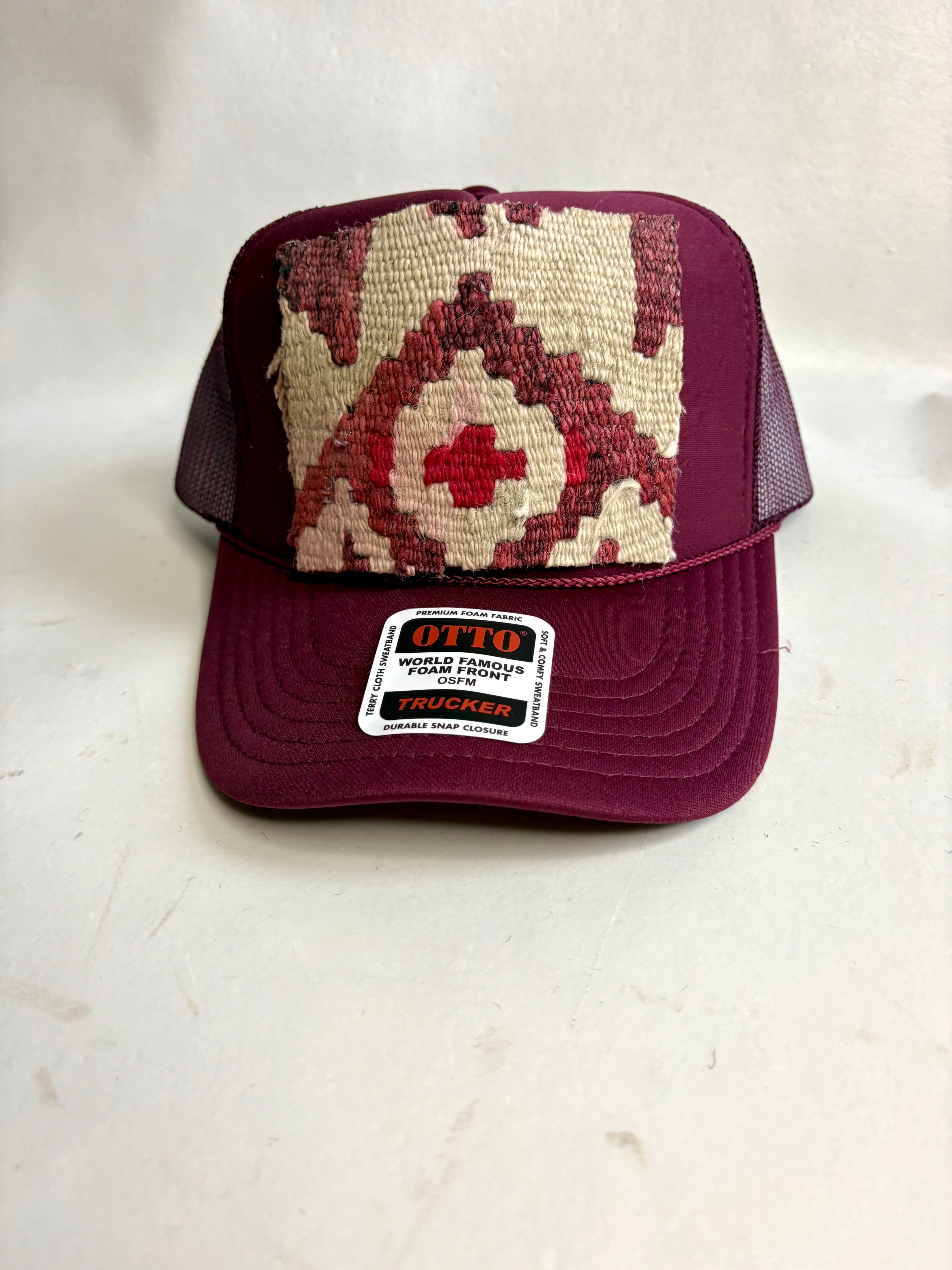 Tan & Burgundy Kilim Patch Trucker Hat
