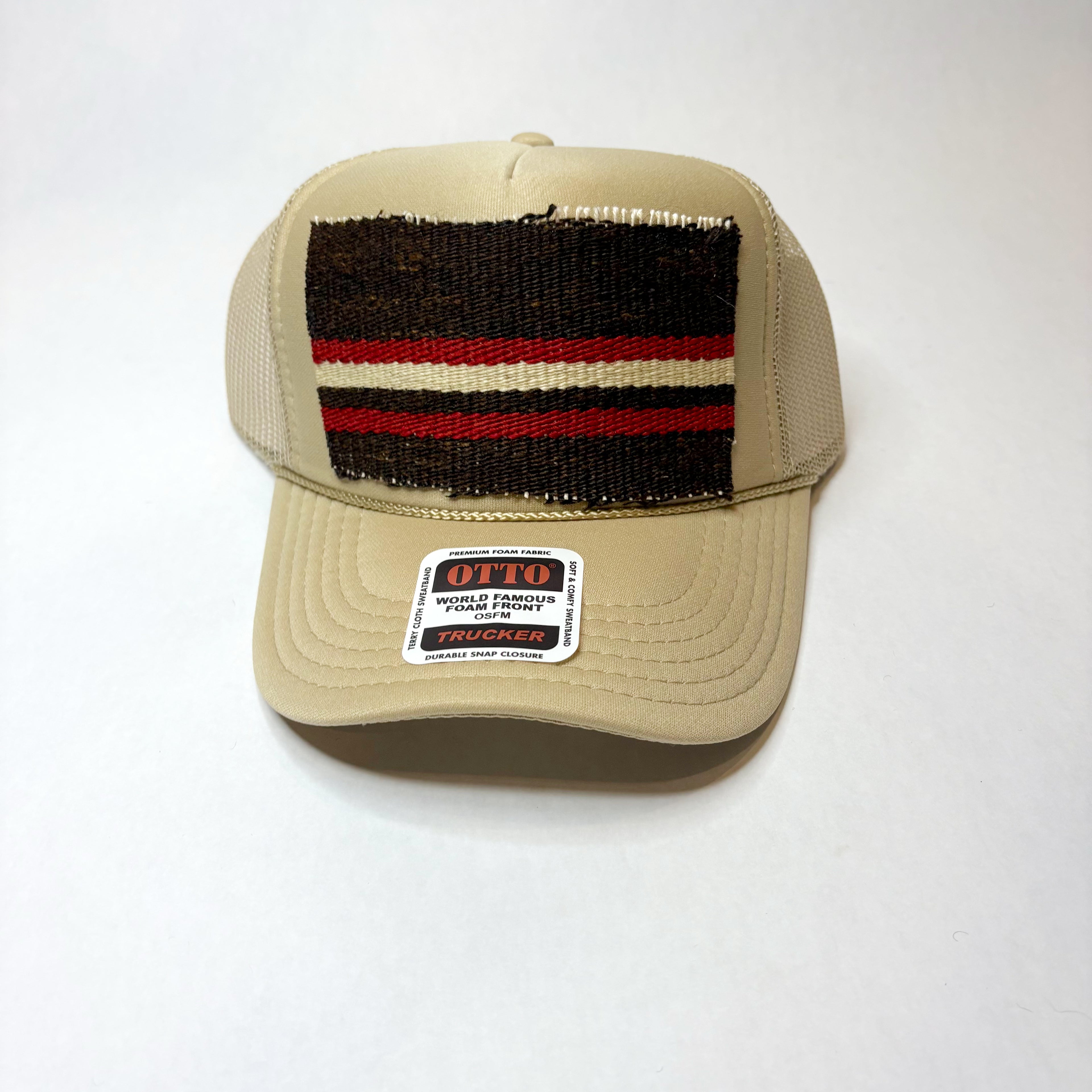 Khaki Trucker Hat with Brown, Red, and Tan Turkish Kilim Patch