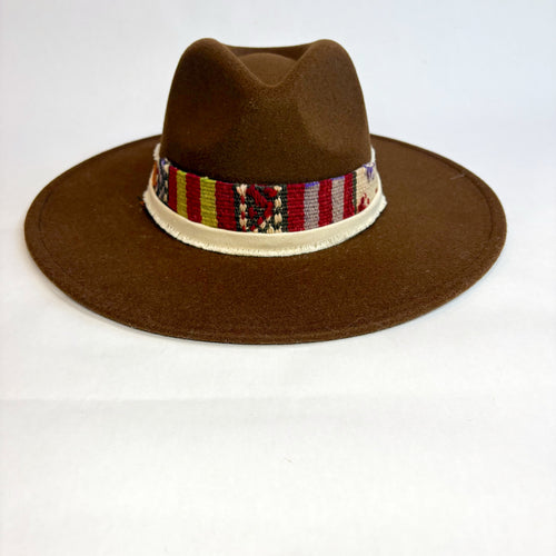 Brown Adjustable Wide Brim Hat with Kilim & Ribbon