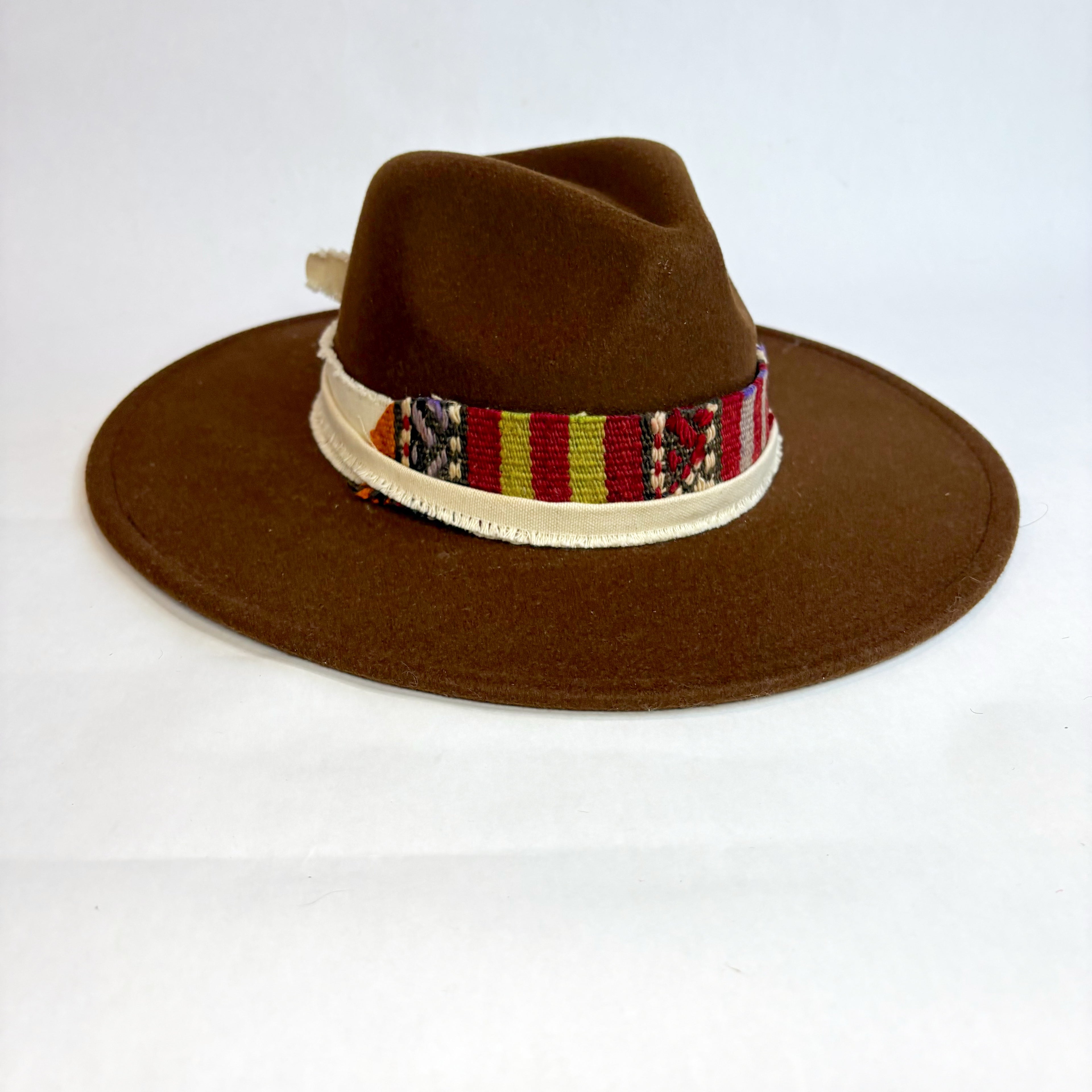 Brown Adjustable Wide Brim Hat with Kilim & Ribbon