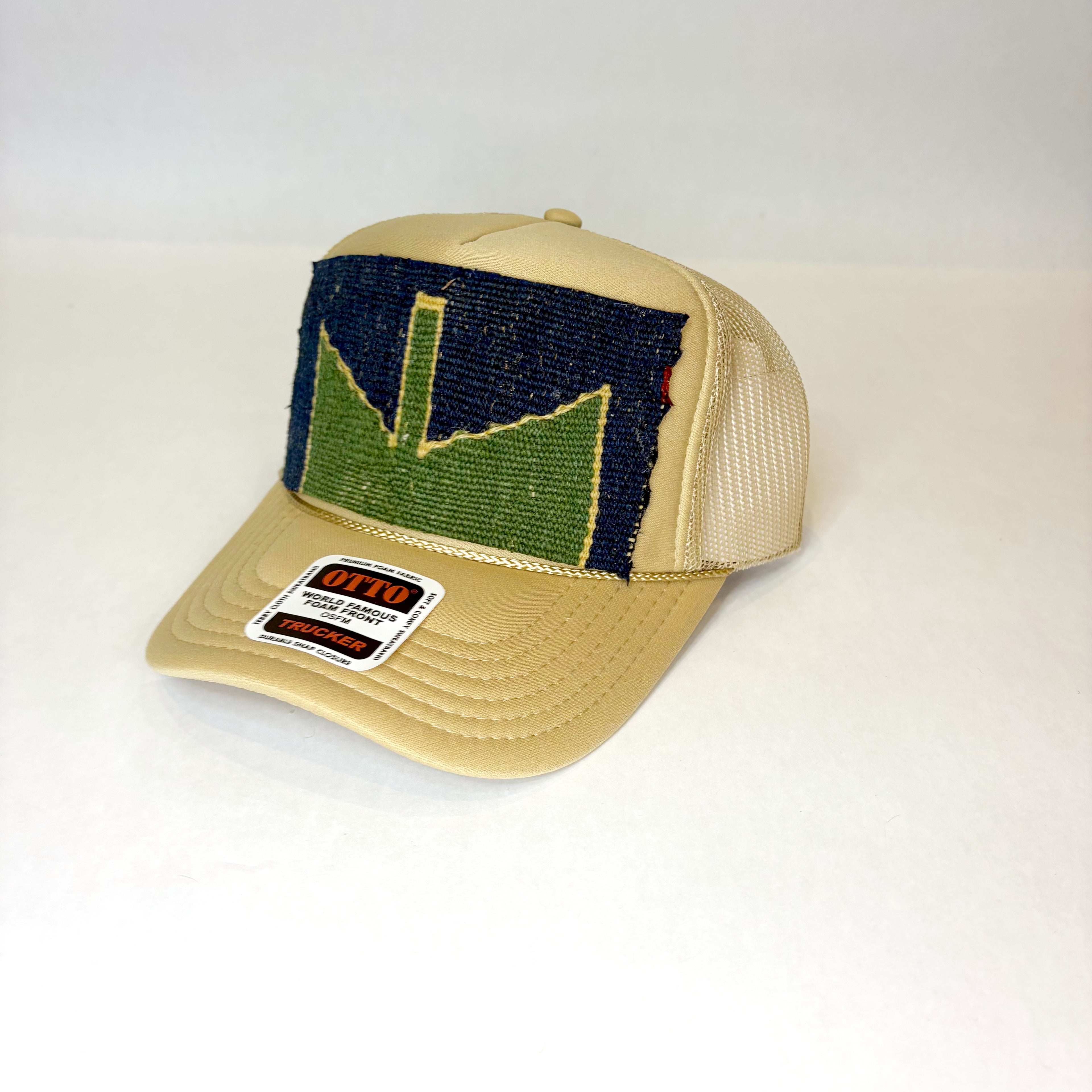 Khaki Trucker Hat with Green and Navy Turkish Kilim Patch