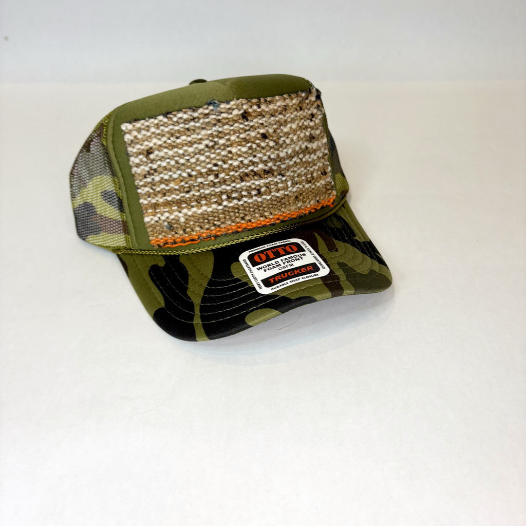 Camo Trucker Hat with Tan & Orange Turkish Kilim Patch