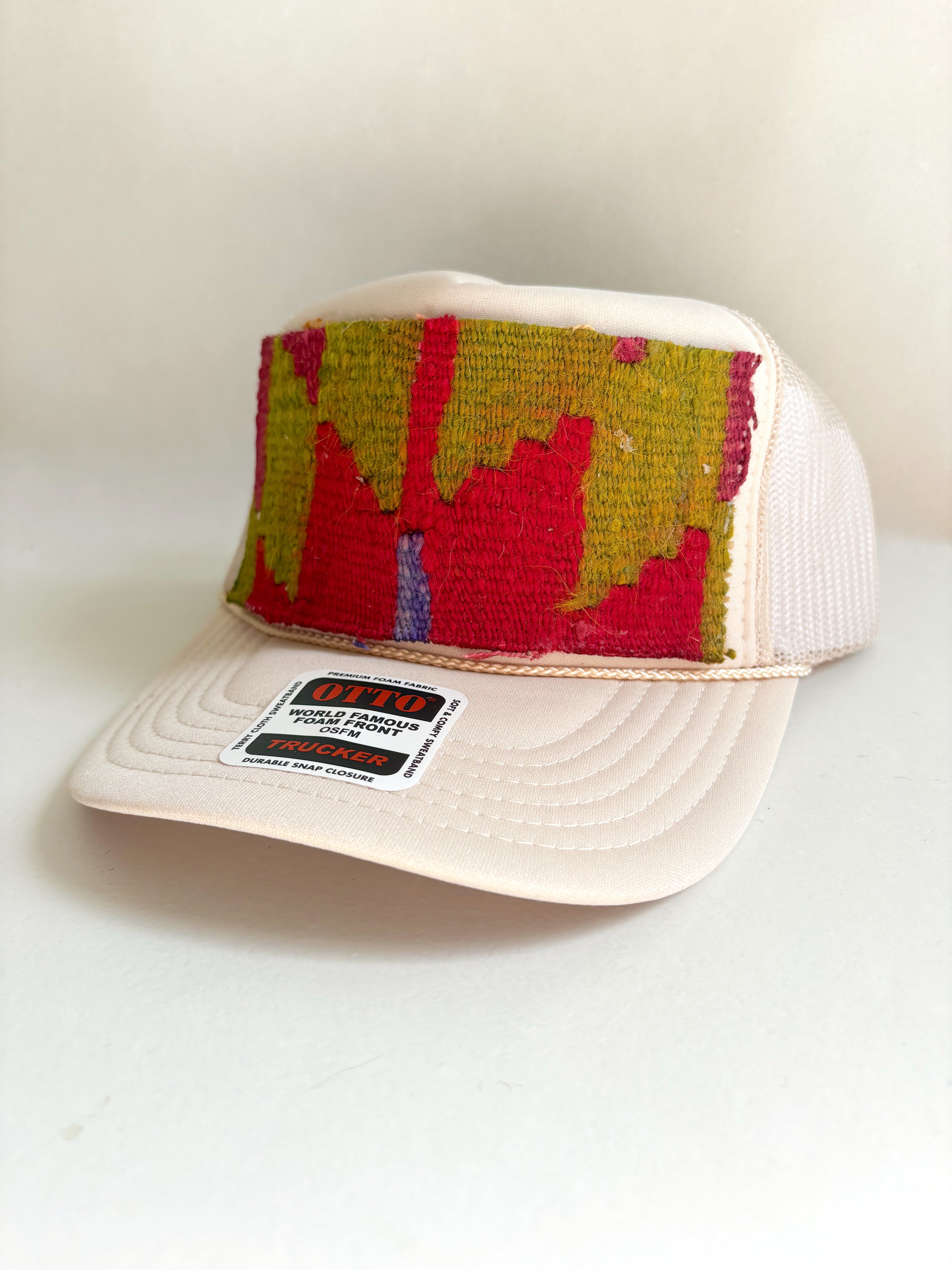 Tan Trucker Hat with Pink & Green Kilim Patch