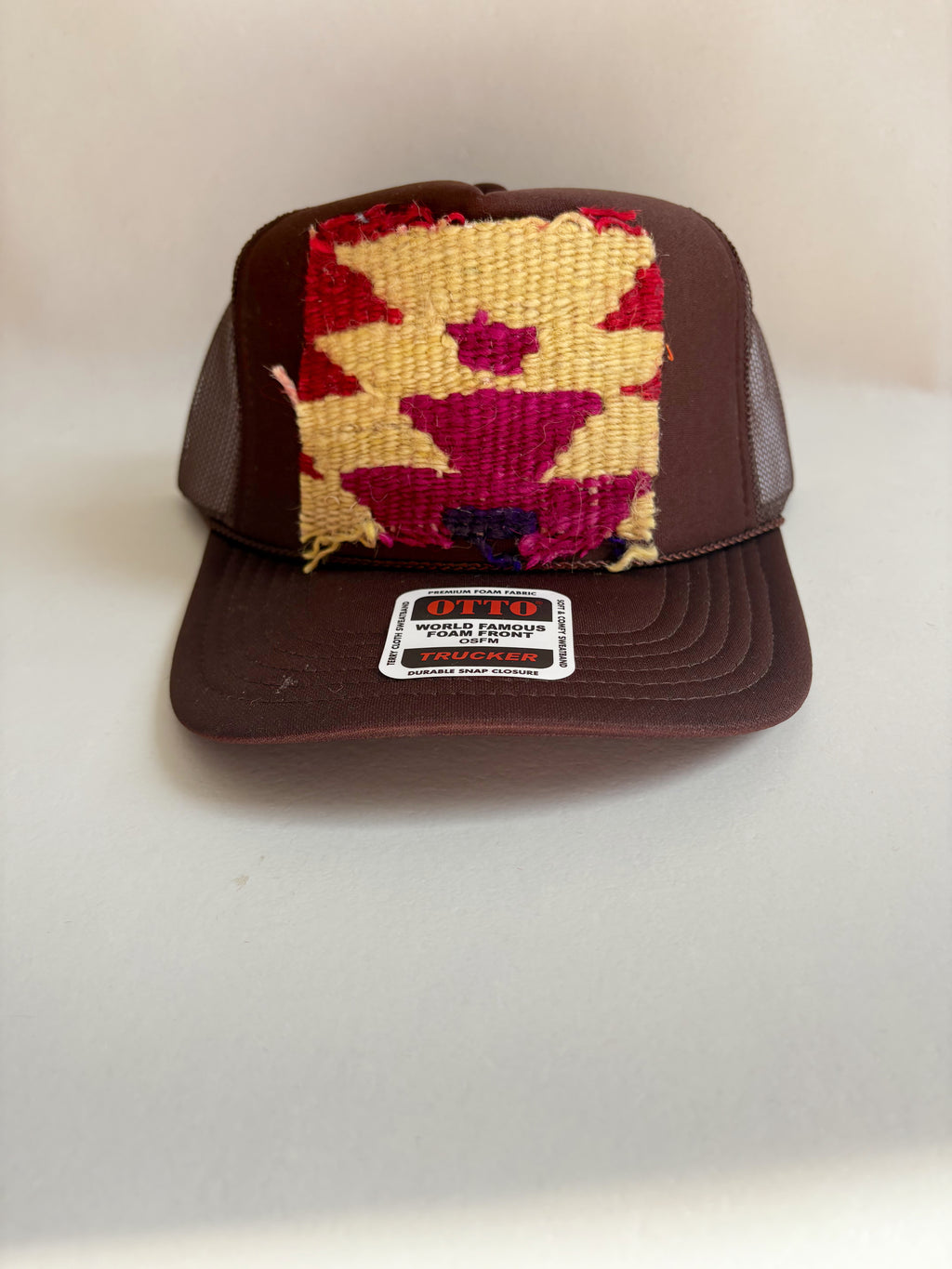 Brown Trucker Hat with Purple & Tan Kilim Patch