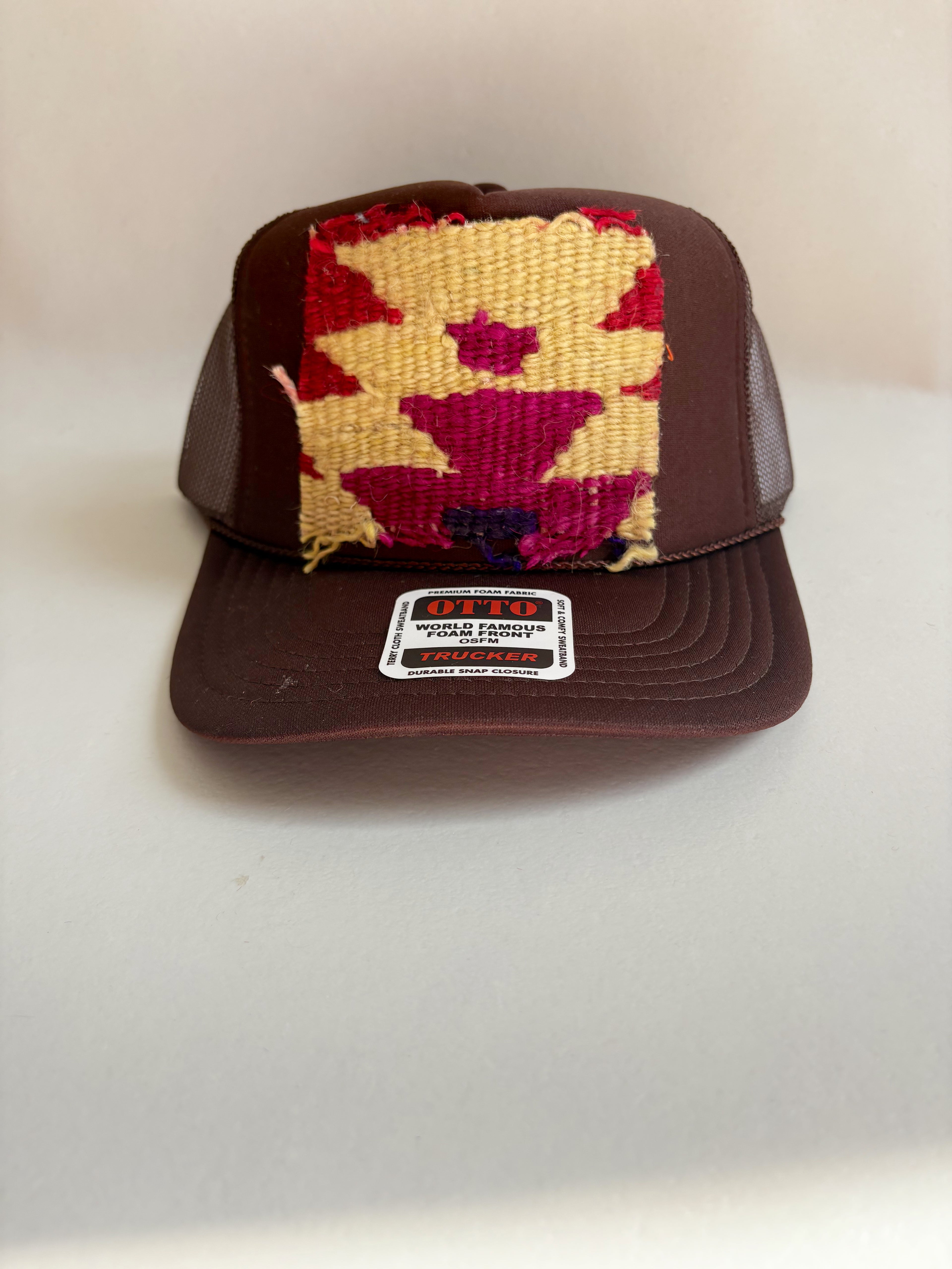 Brown Trucker Hat with Purple & Tan Kilim Patch