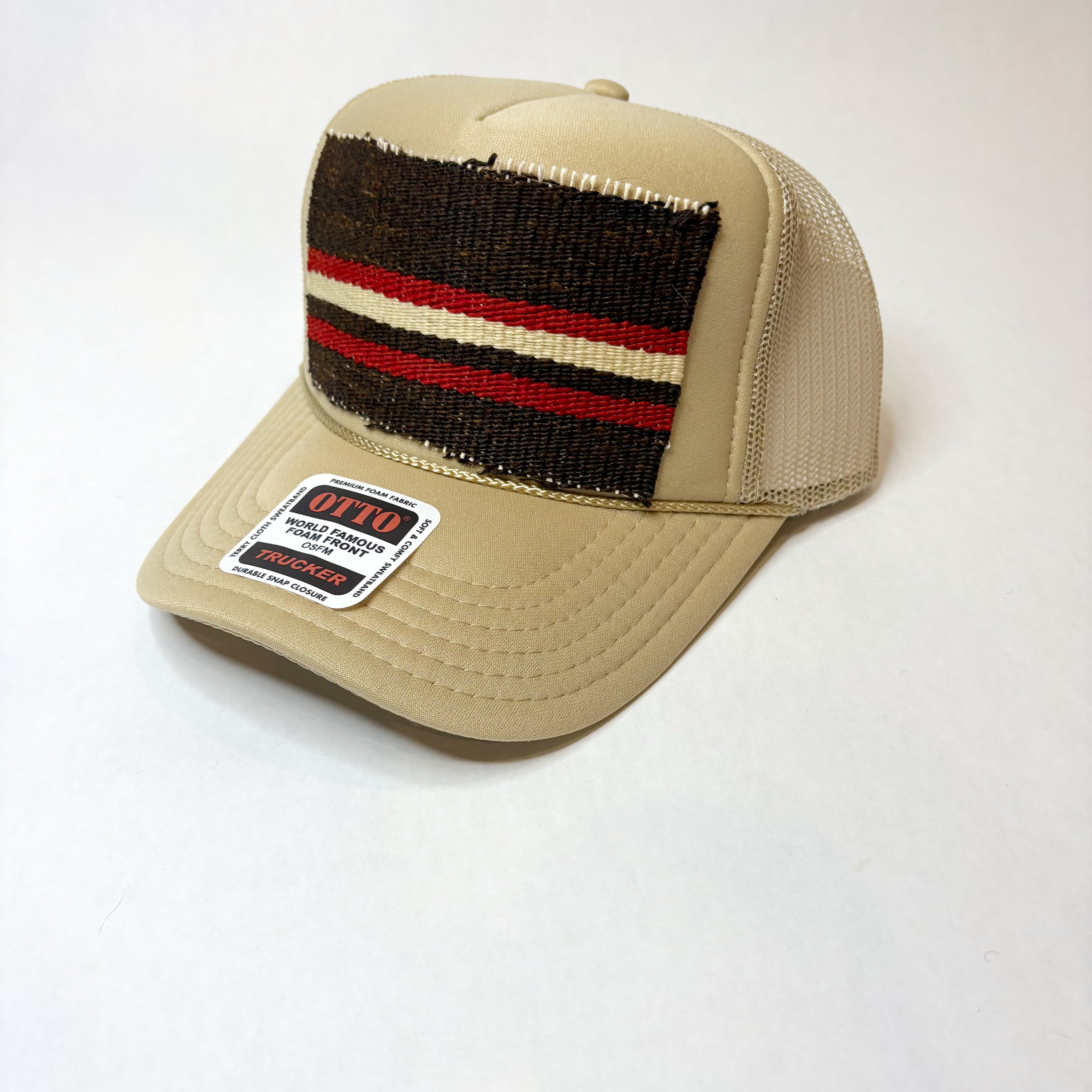 Khaki Trucker Hat with Brown, Red, and Tan Turkish Kilim Patch