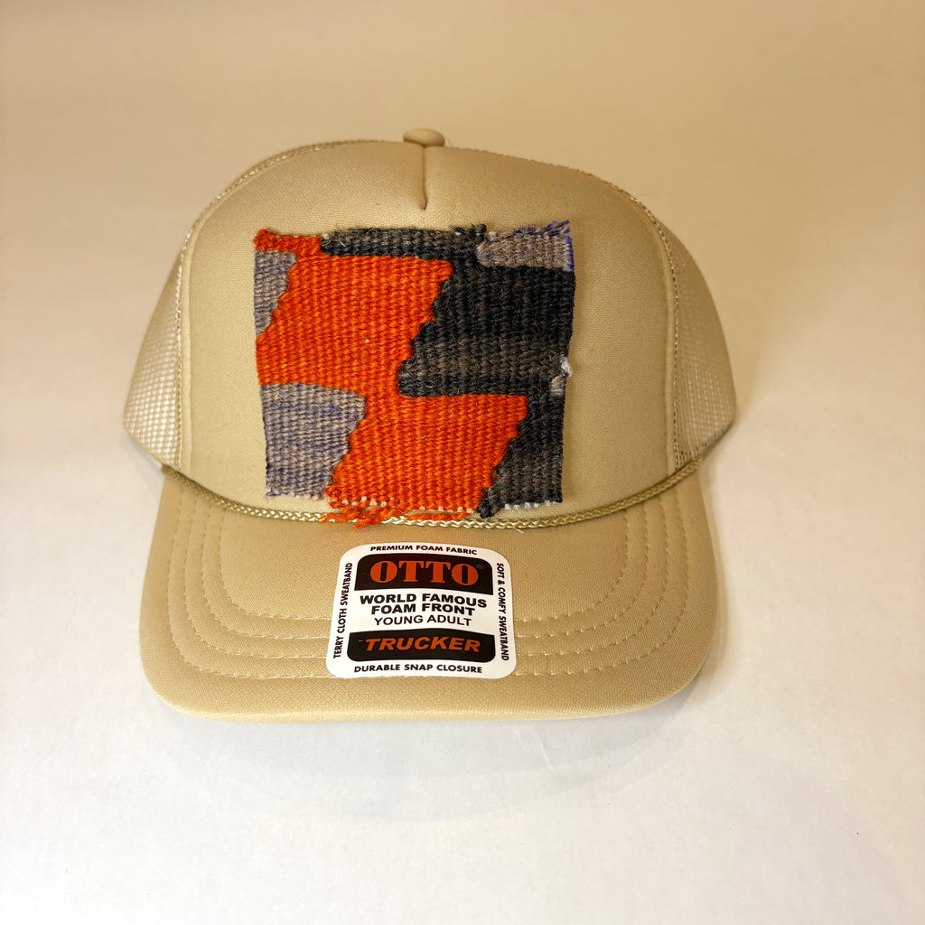 KIDS Khaki Trucker Hat with Orange and Navy Geometric Turkish Kilim Patch