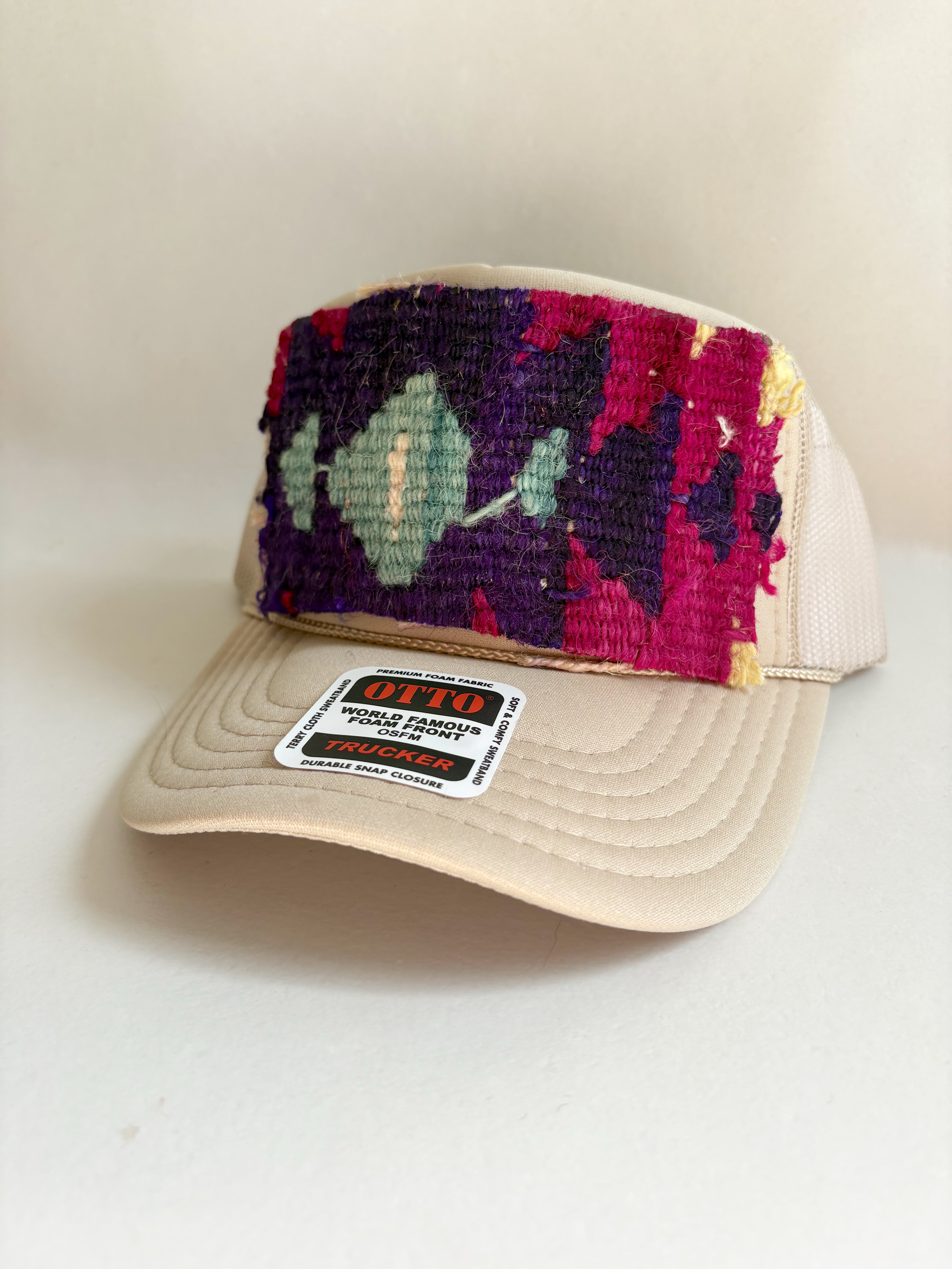 Tan Trucker Hat with Purple & Blue Kilim Patch
