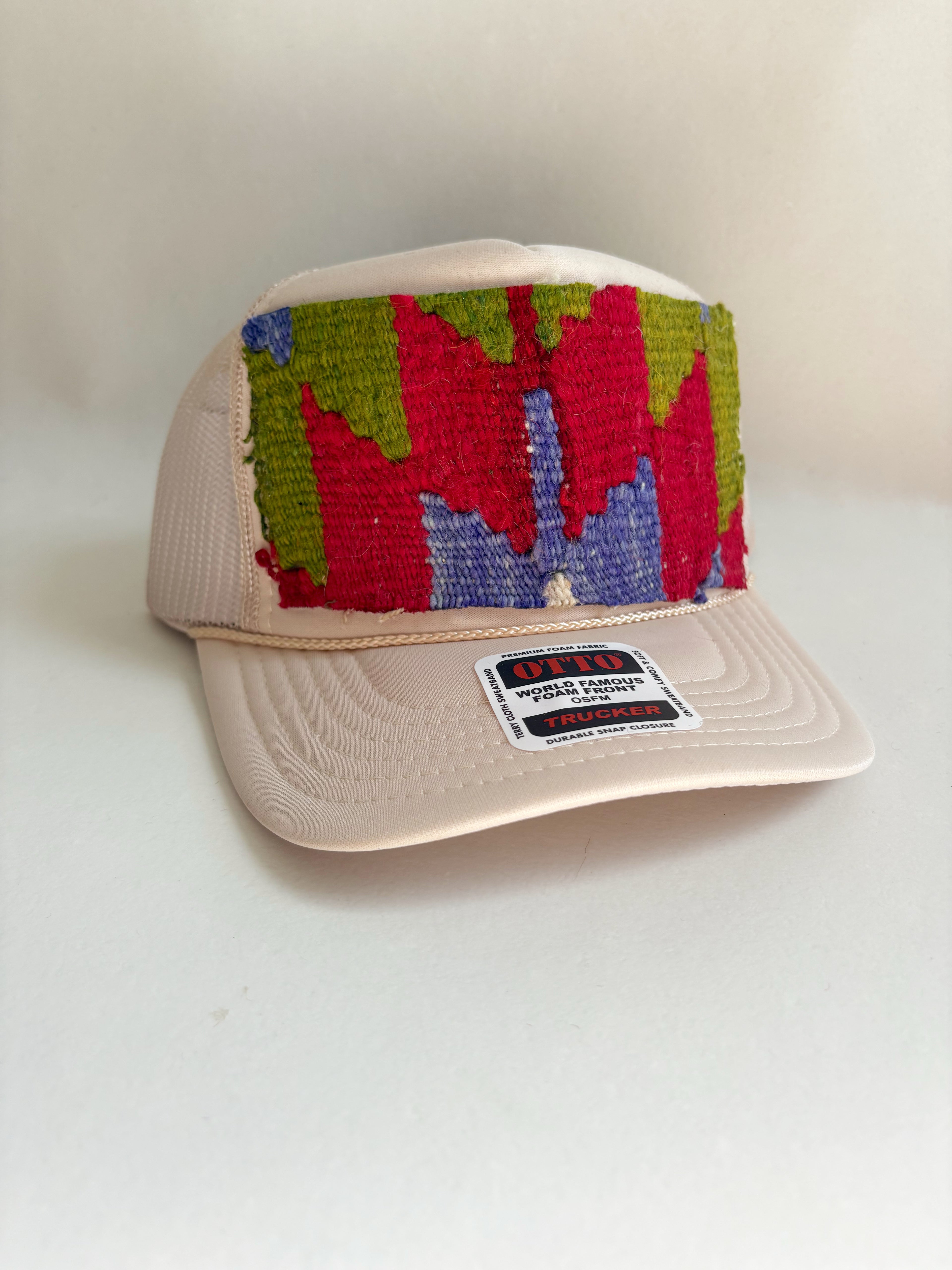 Tan Trucker Hat with Green & Pink Kilim Patch