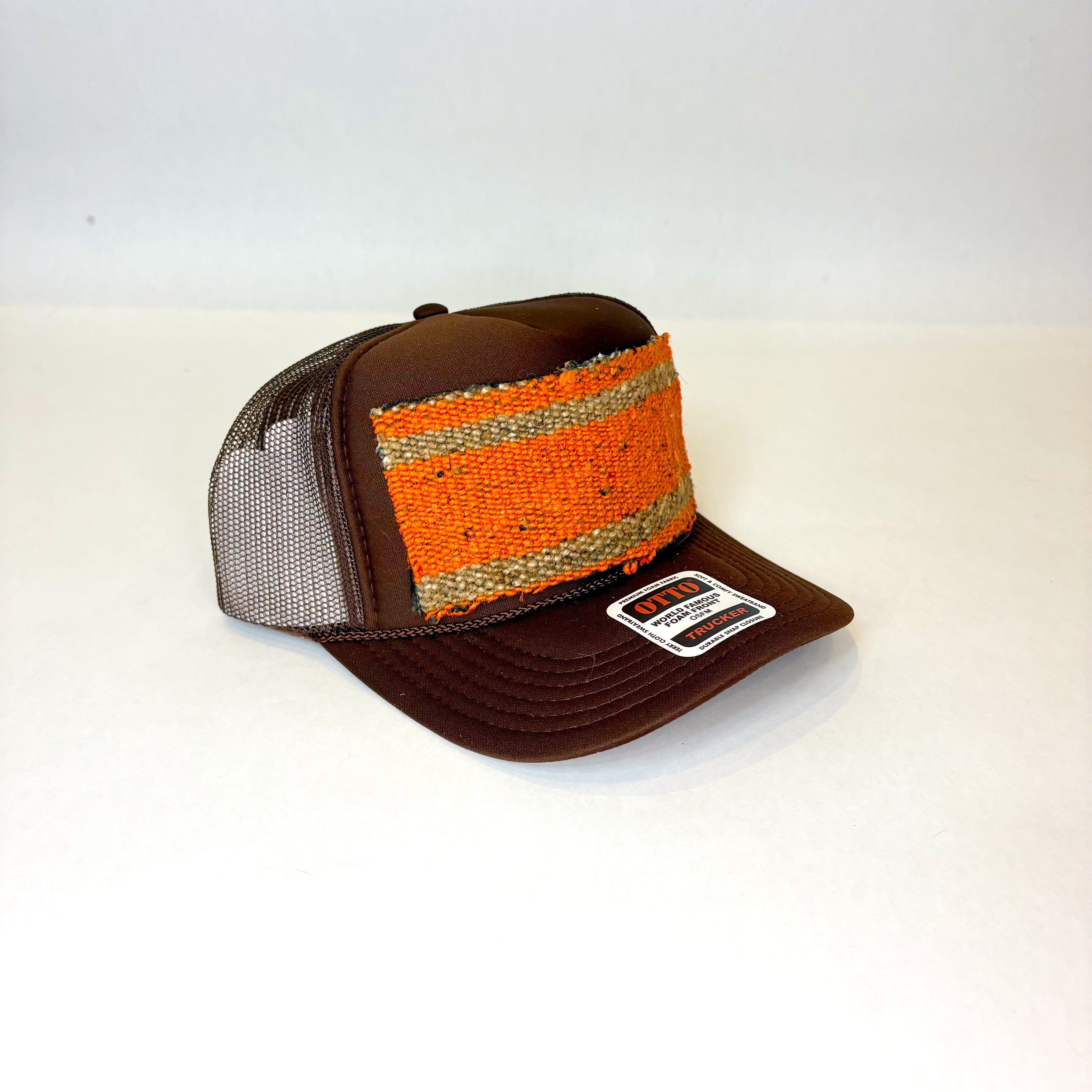 Brown Trucker Hat with Orange and Tan Turkish Kilim Patch