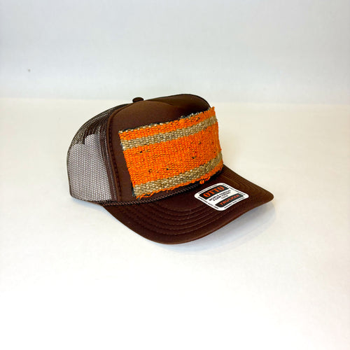 Brown Trucker Hat with Orange and Tan Turkish Kilim Patch