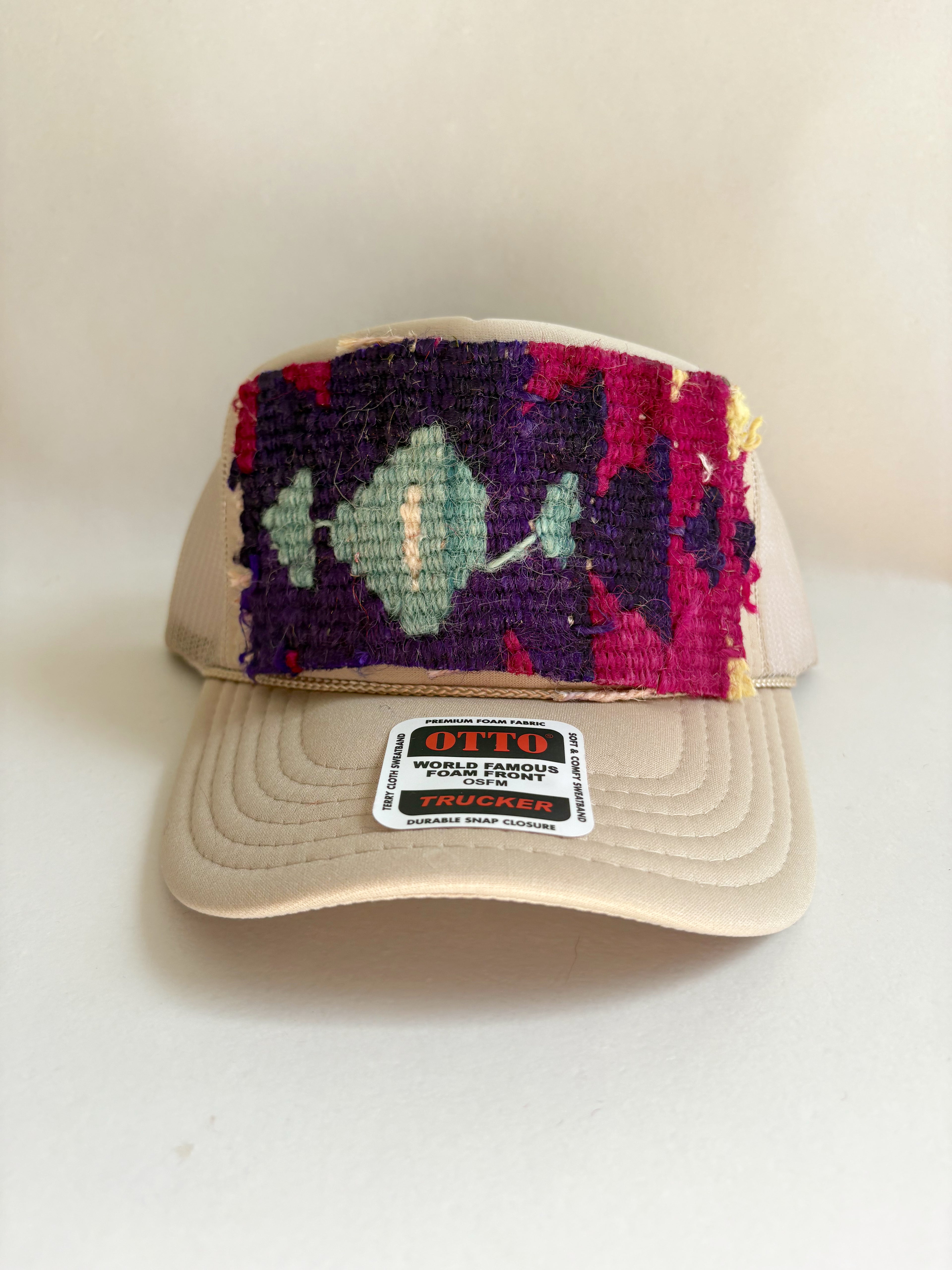 Tan Trucker Hat with Purple & Blue Kilim Patch