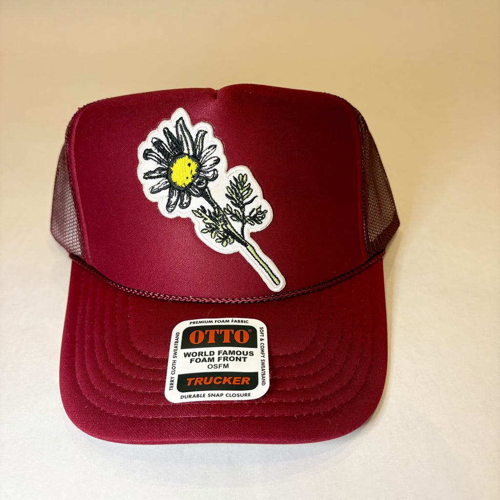 Burgundy Trucker Hat with Flower Patch