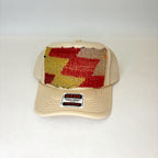 Light Tan Trucker Hat with Pink, Tan, and Light Purple Turkish Kilim Patch