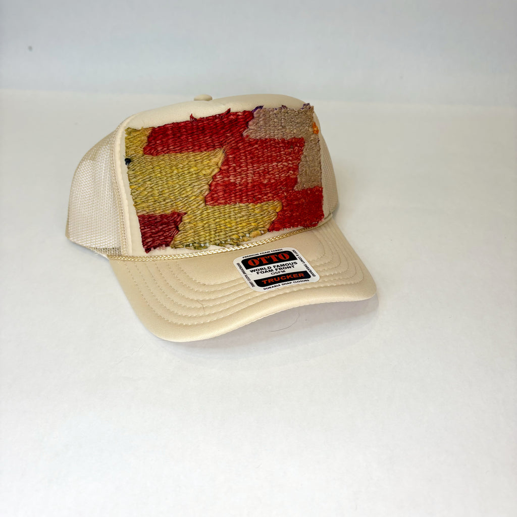 Light Tan Trucker Hat with Pink, Tan, and Light Purple Turkish Kilim Patch