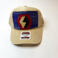Khaki Trucker Hat with Blue, Red, and Tan Patch