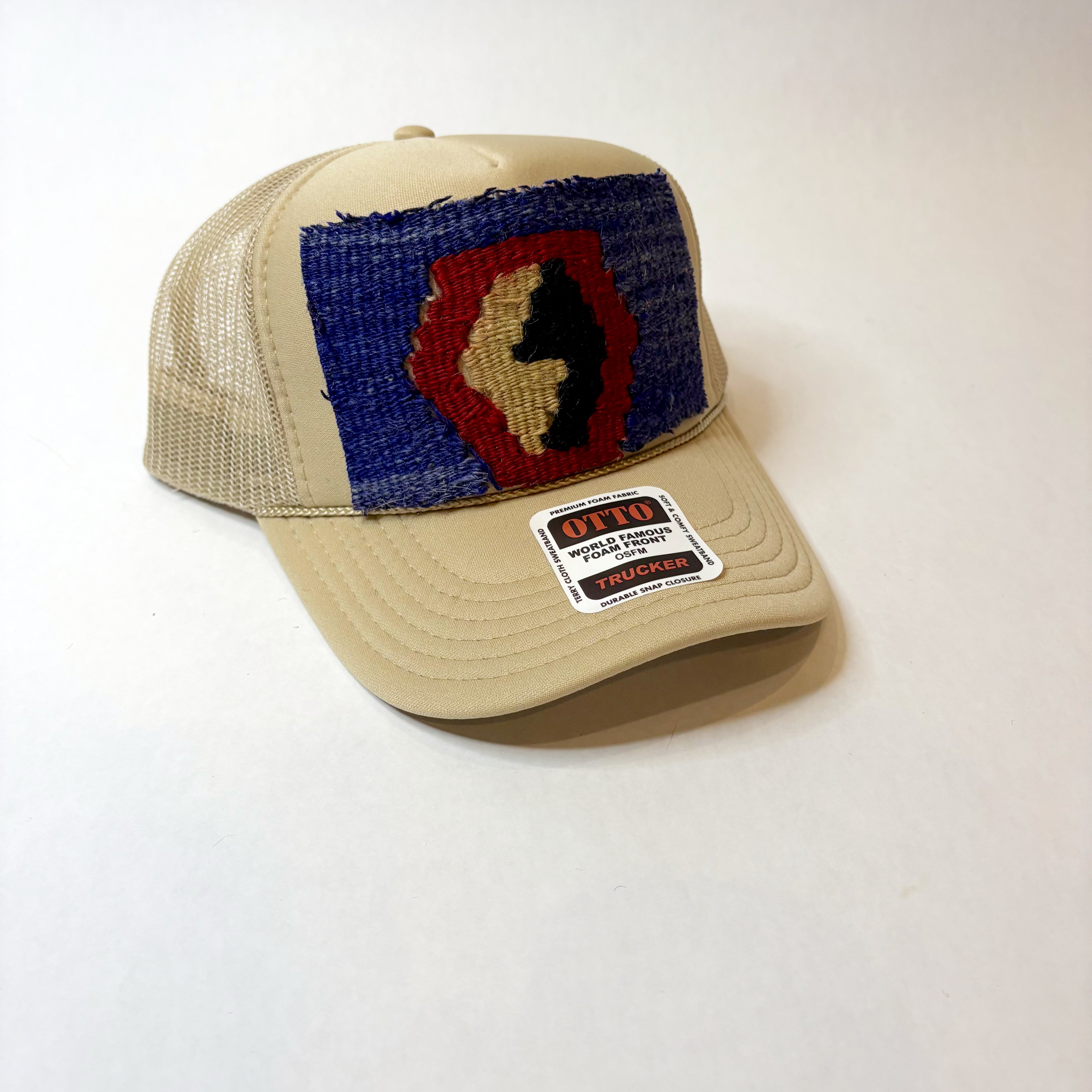 Khaki Trucker Hat with Blue, Red, and Tan Patch