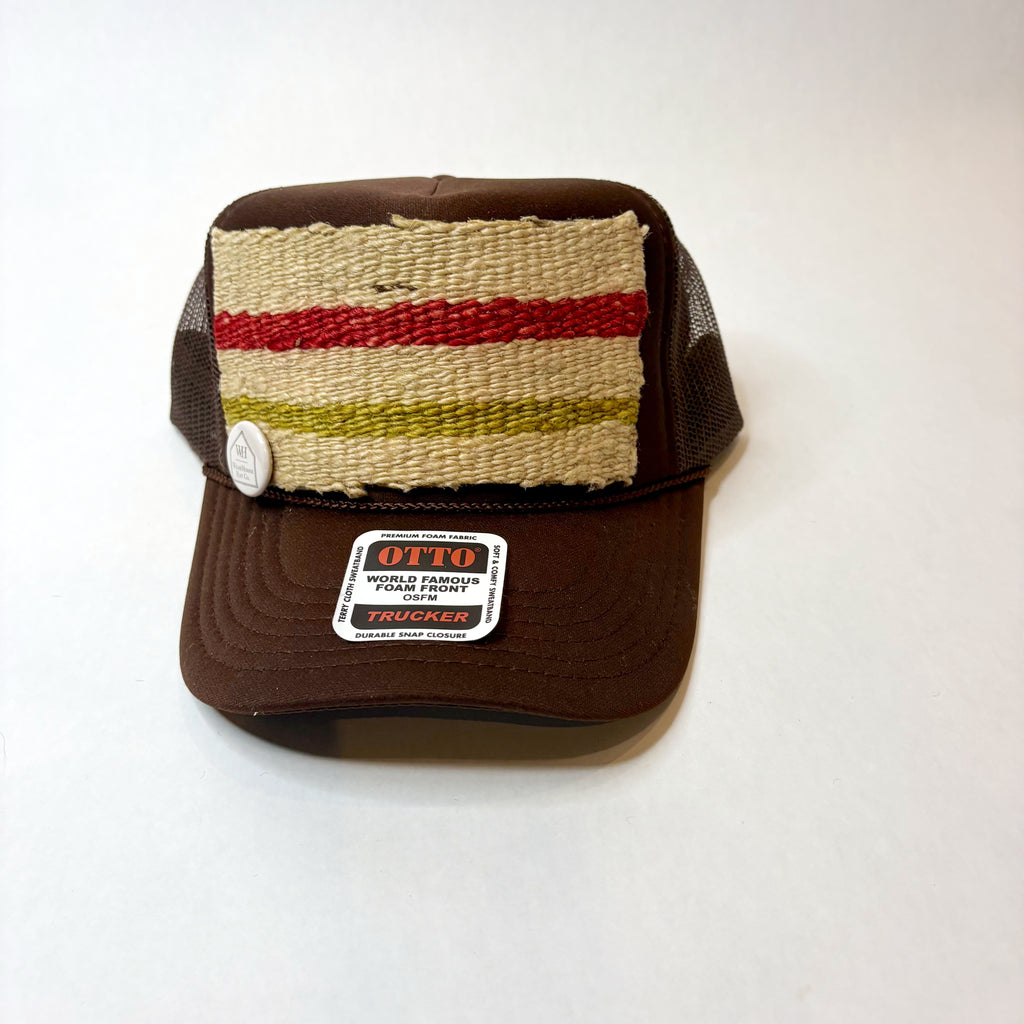 Brown Trucker Hat with Tan Turkish Kilim Patch with Red and Green Lines