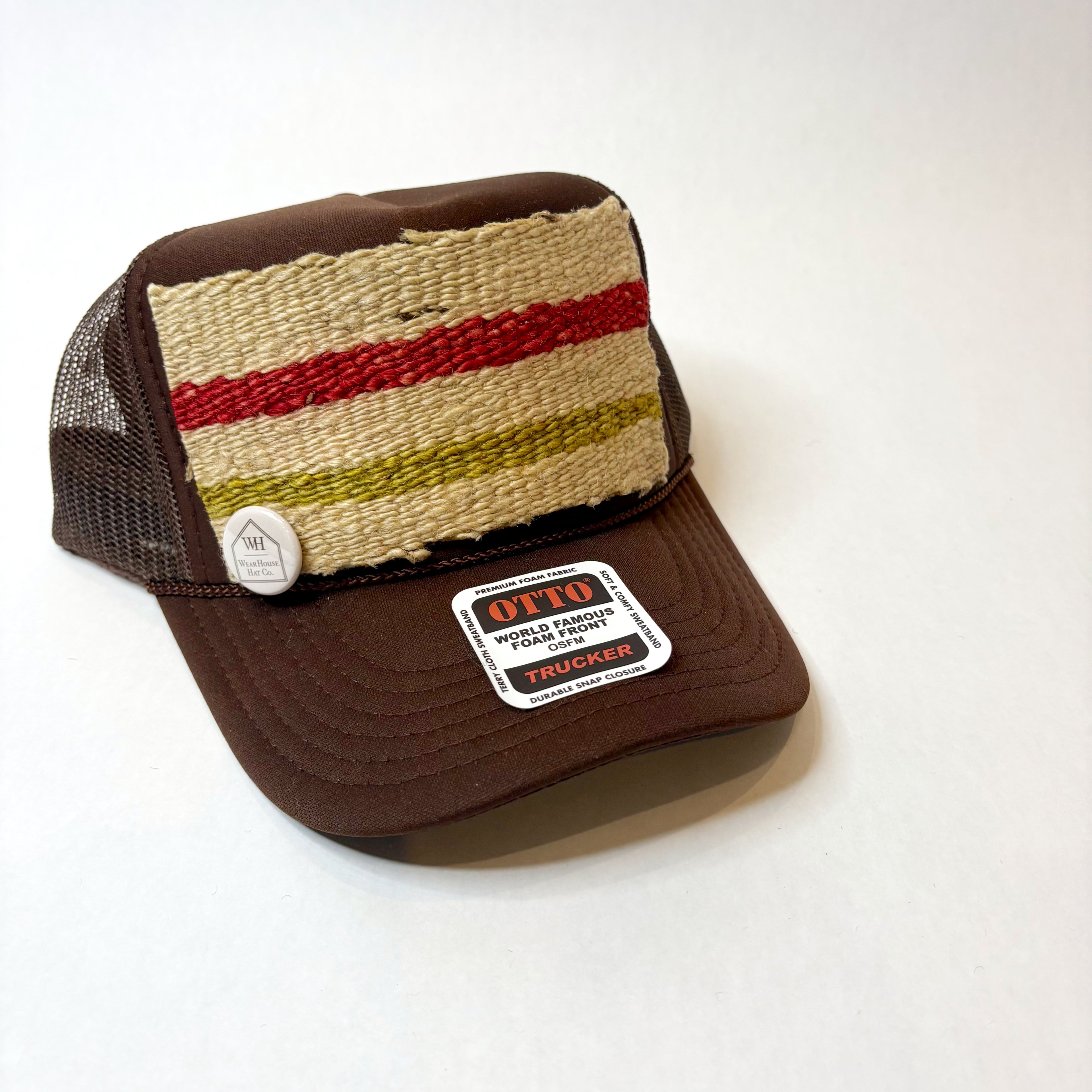 Brown Trucker Hat with Tan Turkish Kilim Patch with Red and Green Lines