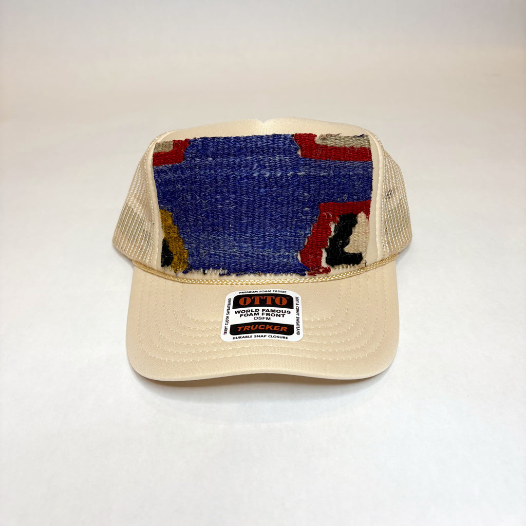 Light Tan Trucker Hat with Blue, Red, and Mustard Turkish Kilim Patch