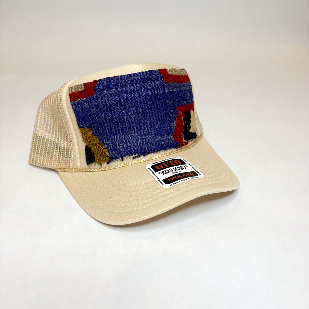 Light Tan Trucker Hat with Blue, Red, and Mustard Turkish Kilim Patch