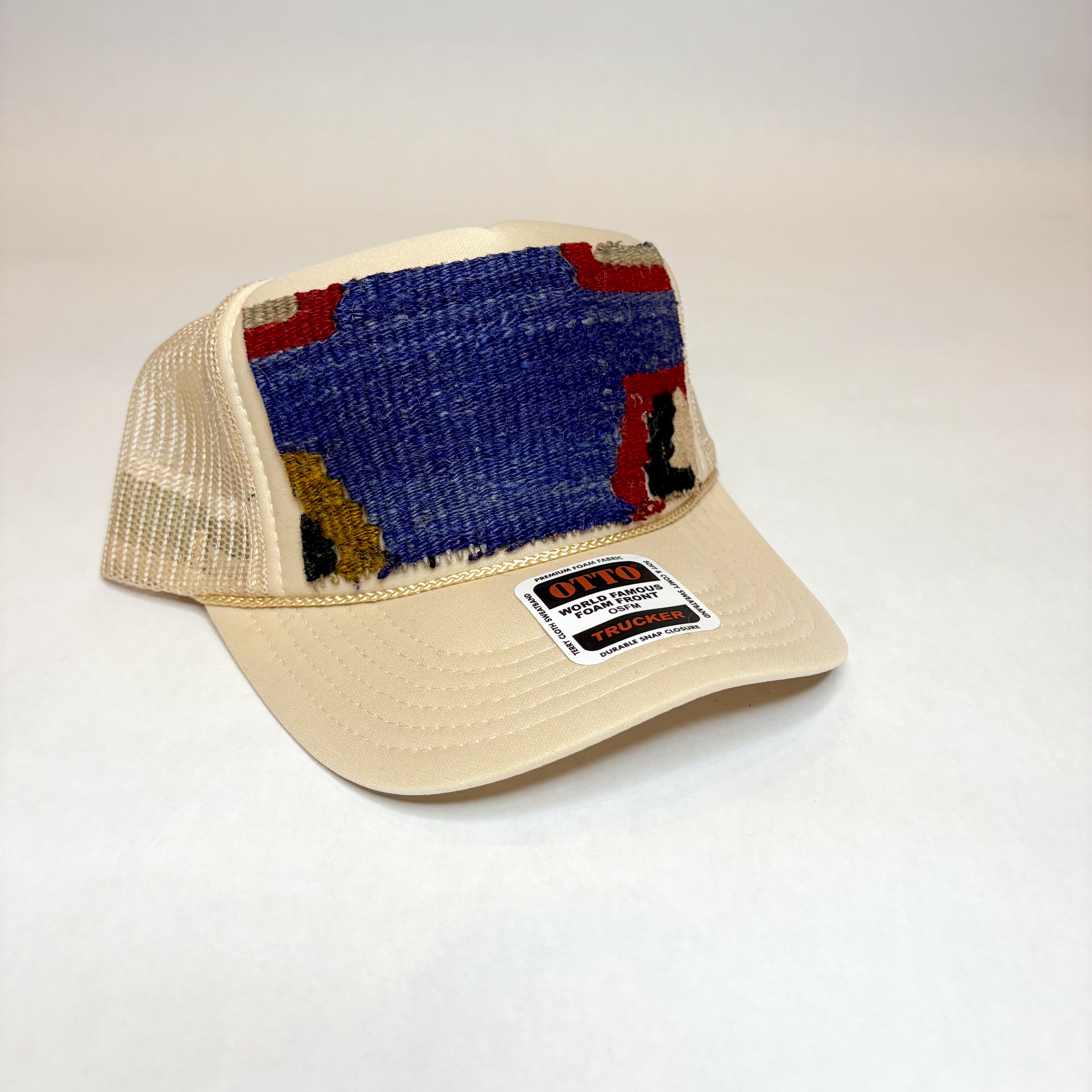 Light Tan Trucker Hat with Blue, Red, and Mustard Turkish Kilim Patch