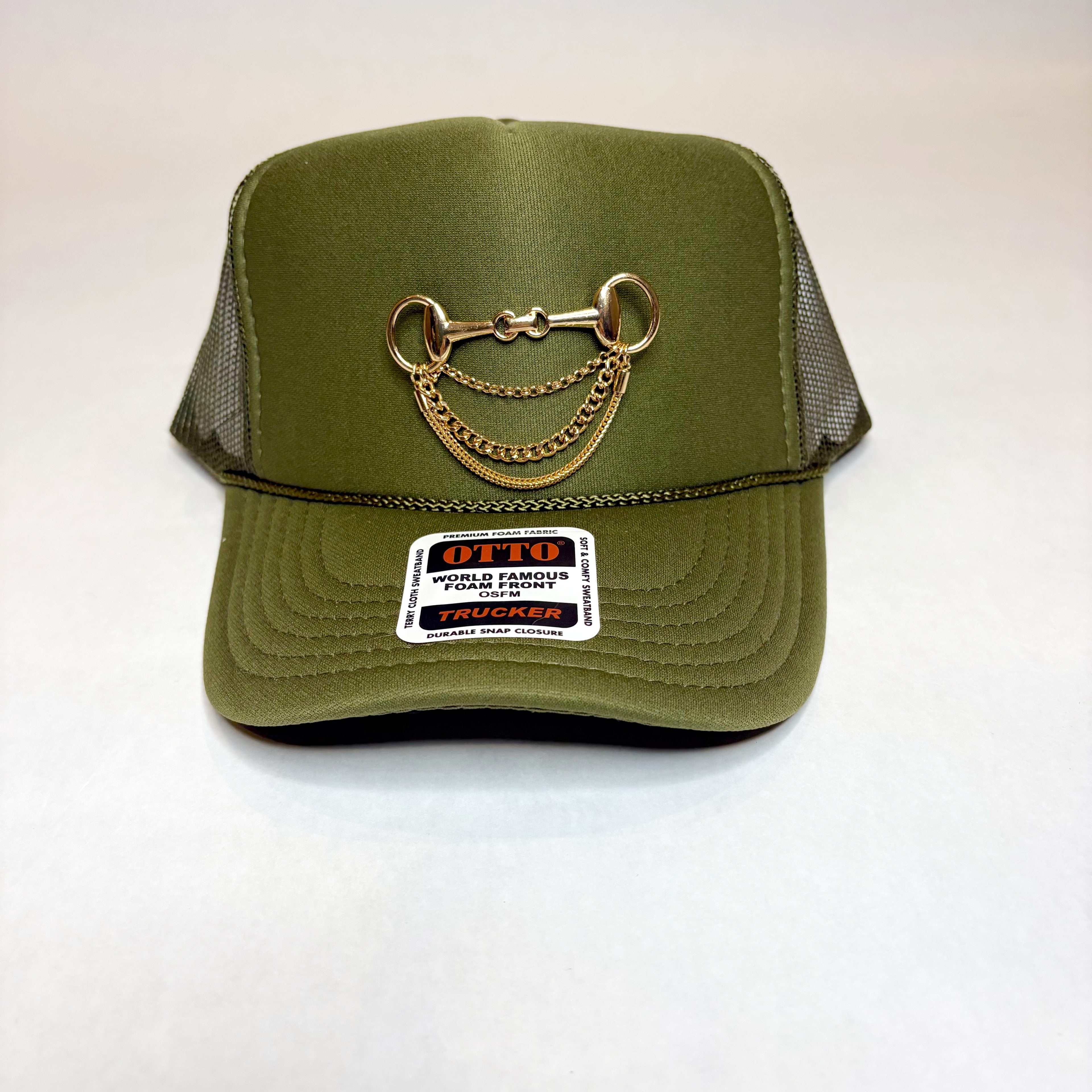 Olive Green OTTO Trucker Hat with Gold Brooch