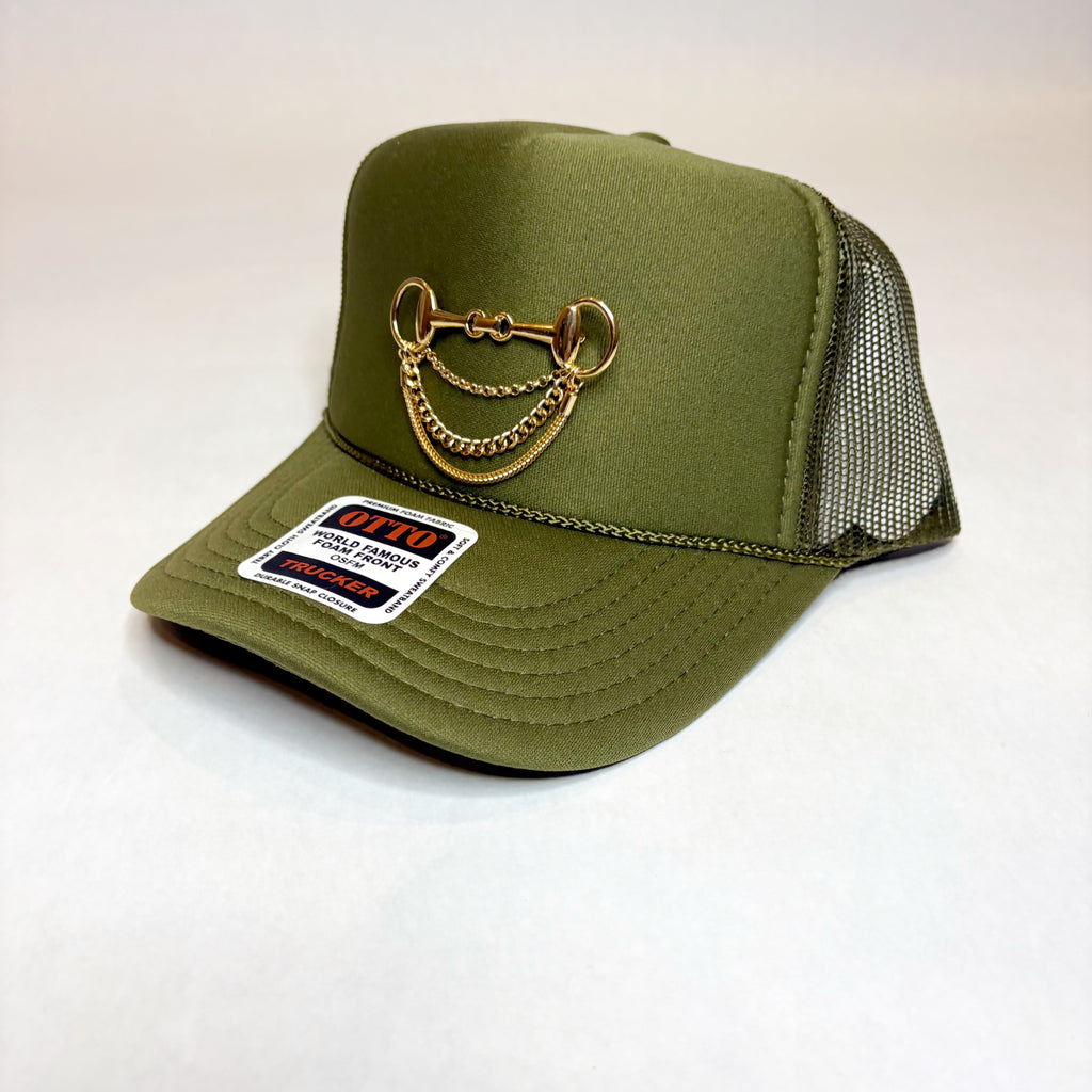 Olive Green OTTO Trucker Hat with Gold Brooch