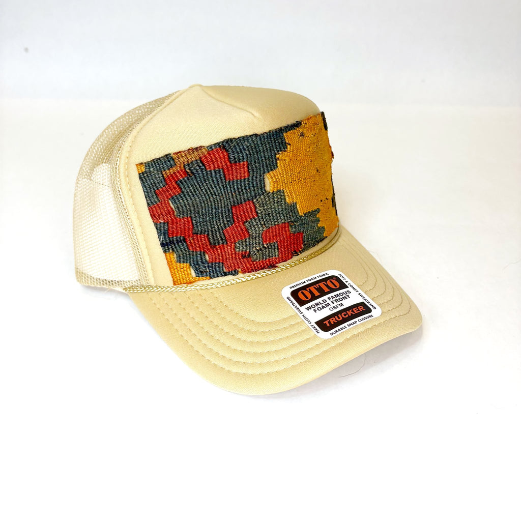 Khaki Trucker Hat with Navy, Orange, & Red Turkish Kilim Patch