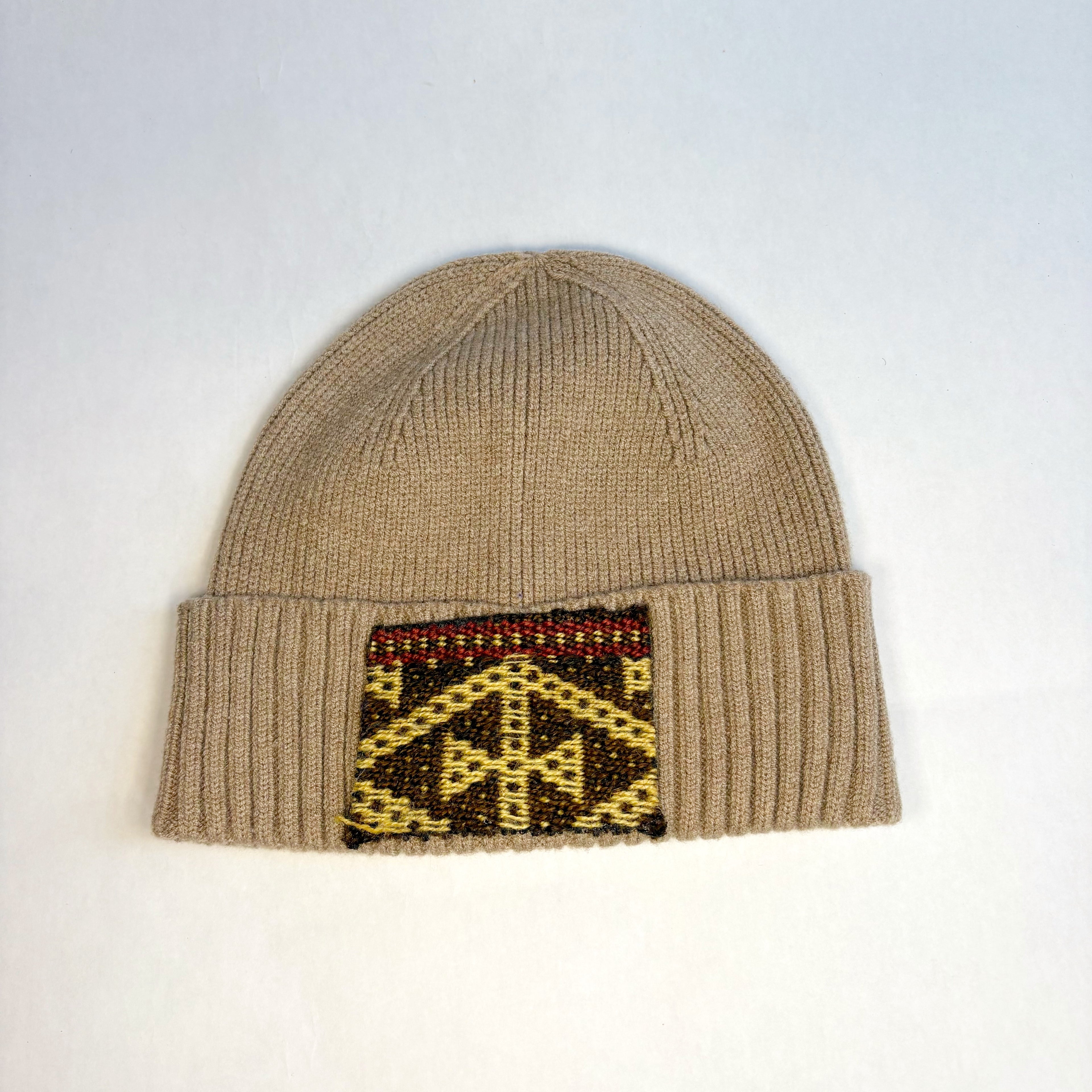 Tan Beanie with Kilim Patch