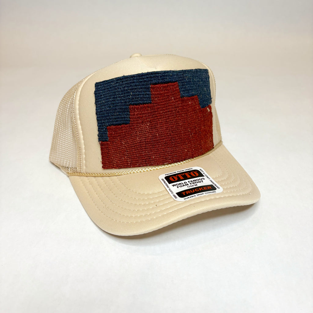Tan OTTO Trucker Hat with Red & Navy Kilim Patch