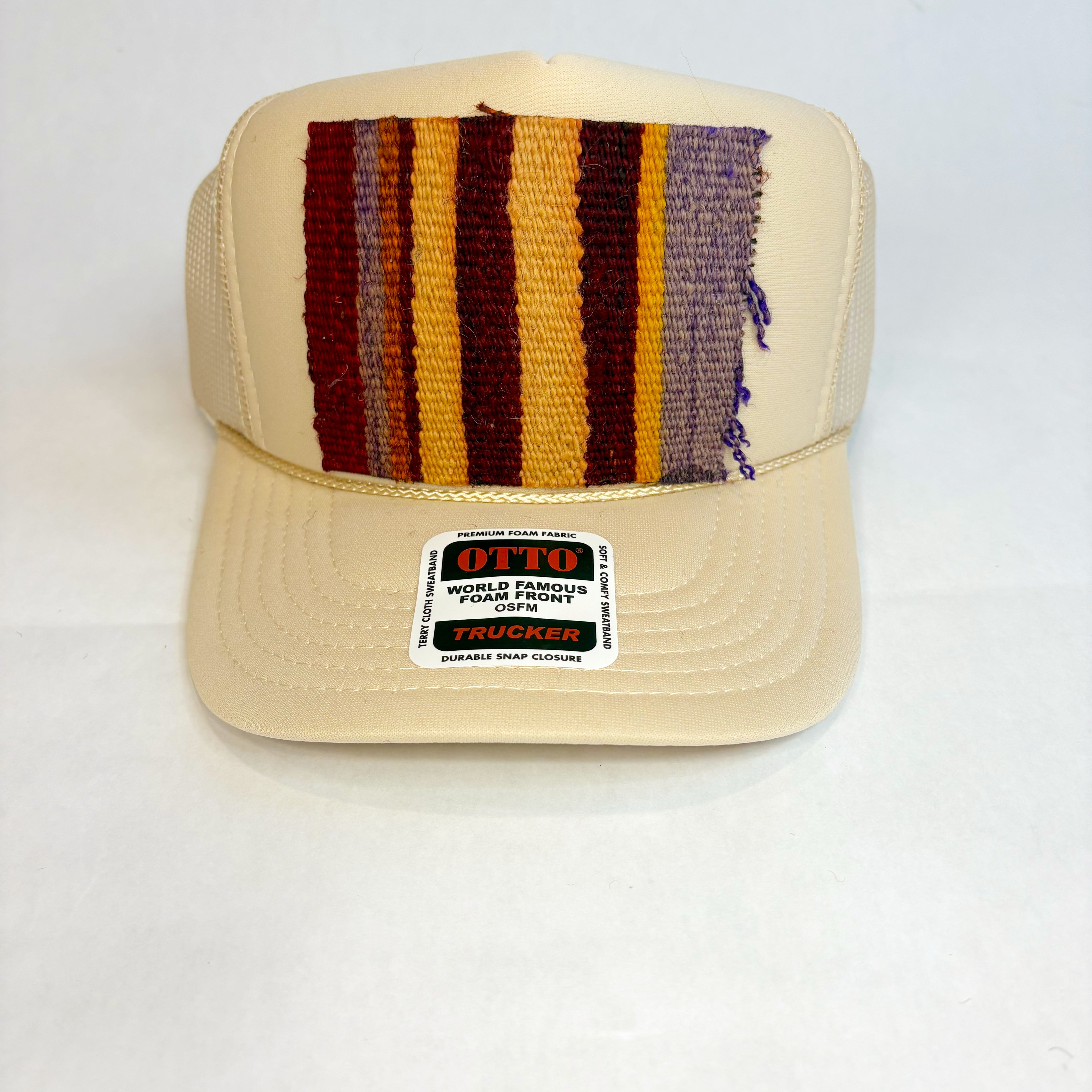 Tan OTTO Trucker Hat with Purple & Mustard Kilim Patch