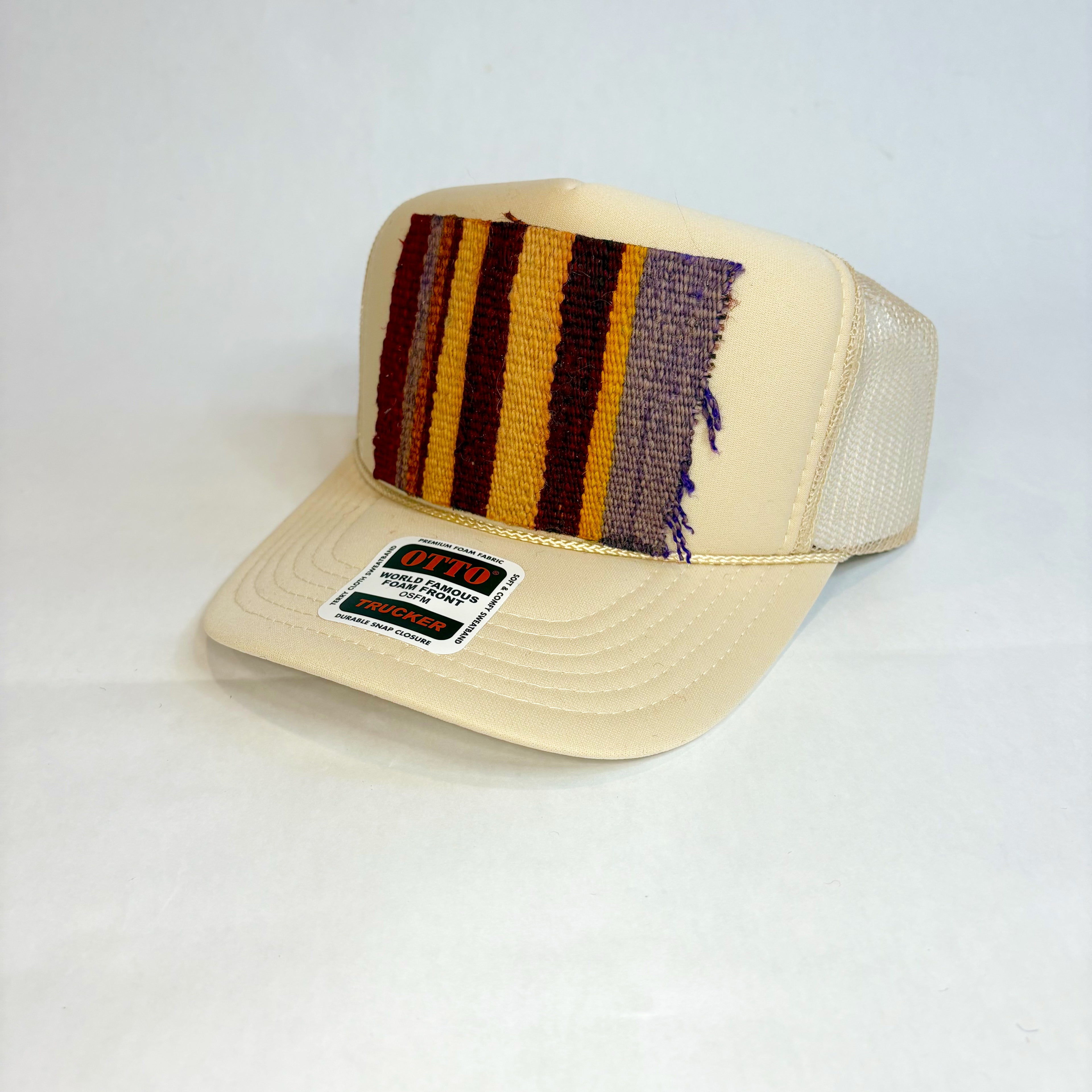 Tan OTTO Trucker Hat with Purple & Mustard Kilim Patch