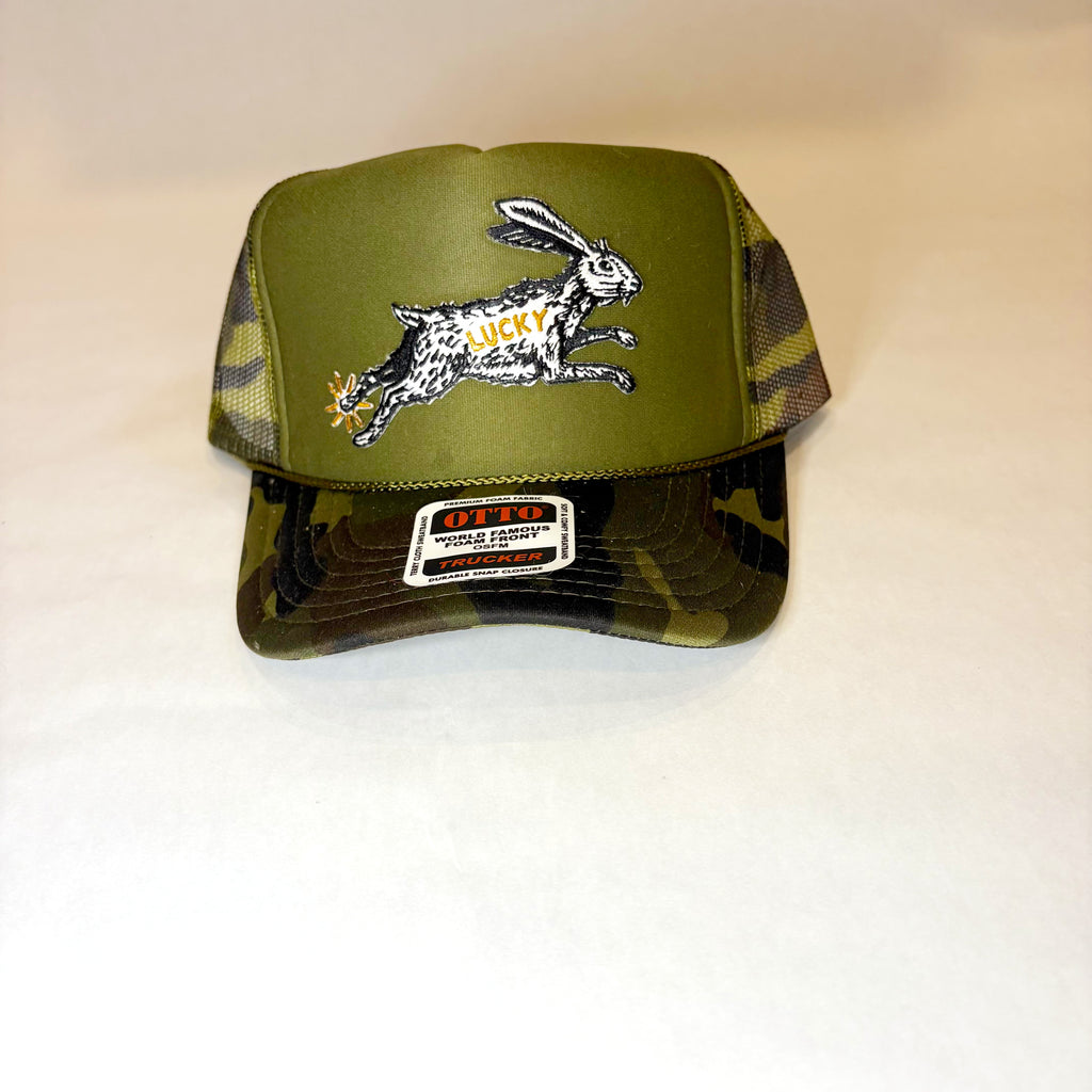 Camo Bill Olive Green Front Lucky Rabbit's Foot Trucker Hat